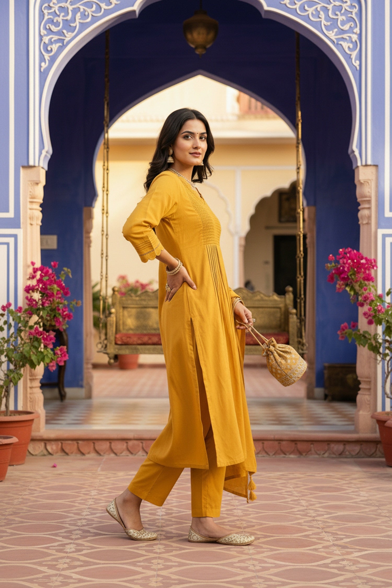 Mustard Straight-Cut Cotton Three Piece Suit Set