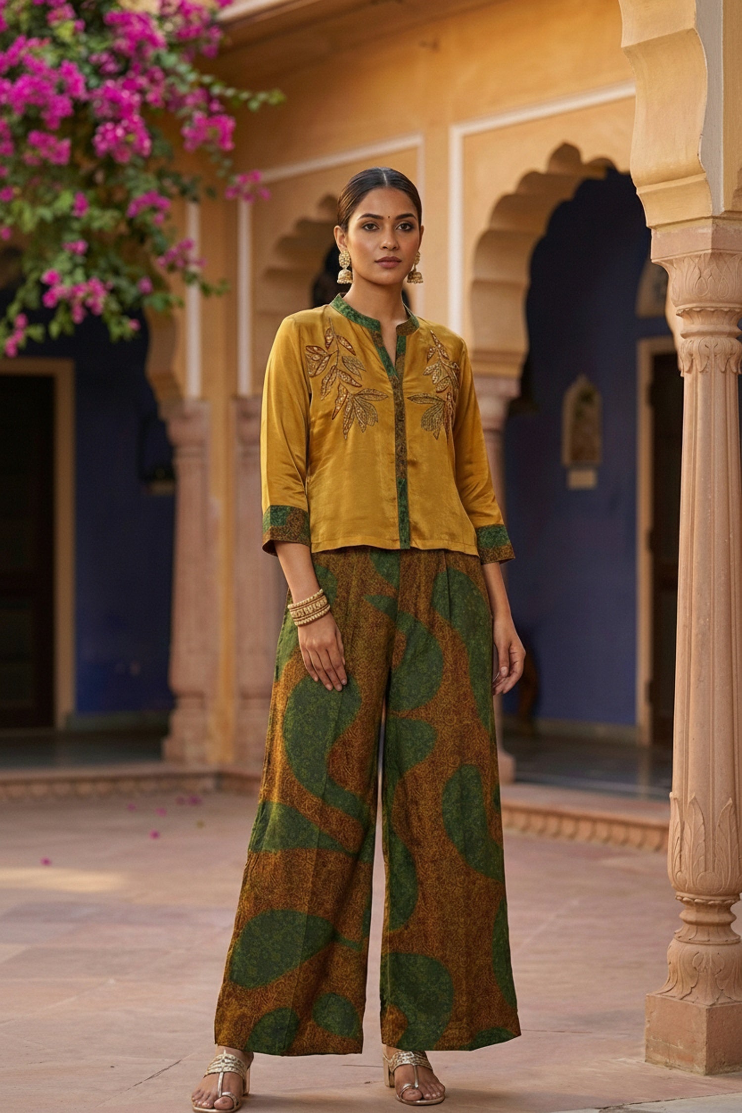 Mustard Chinon Cord Set with Embroidered Top & Printed Pants