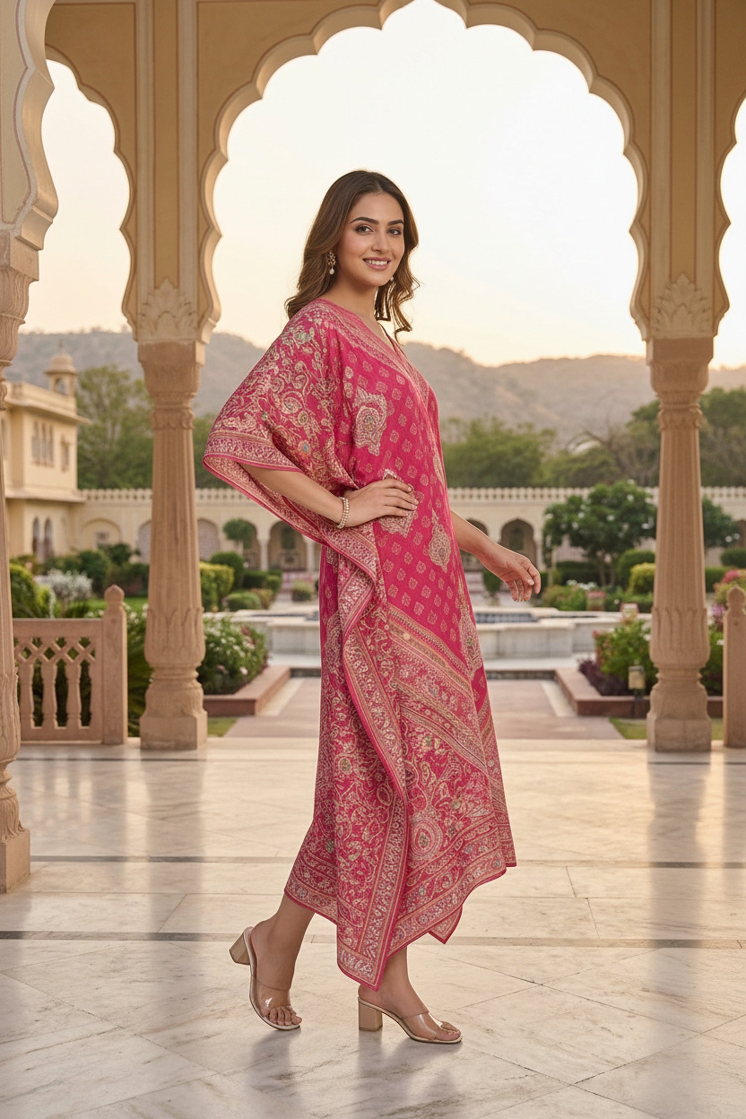 Pink Printed Viscose Long Kaftan