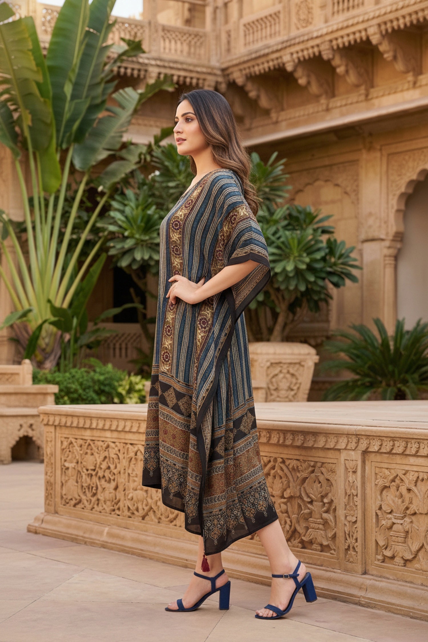 Peacock Printed Viscose Long Kaftan