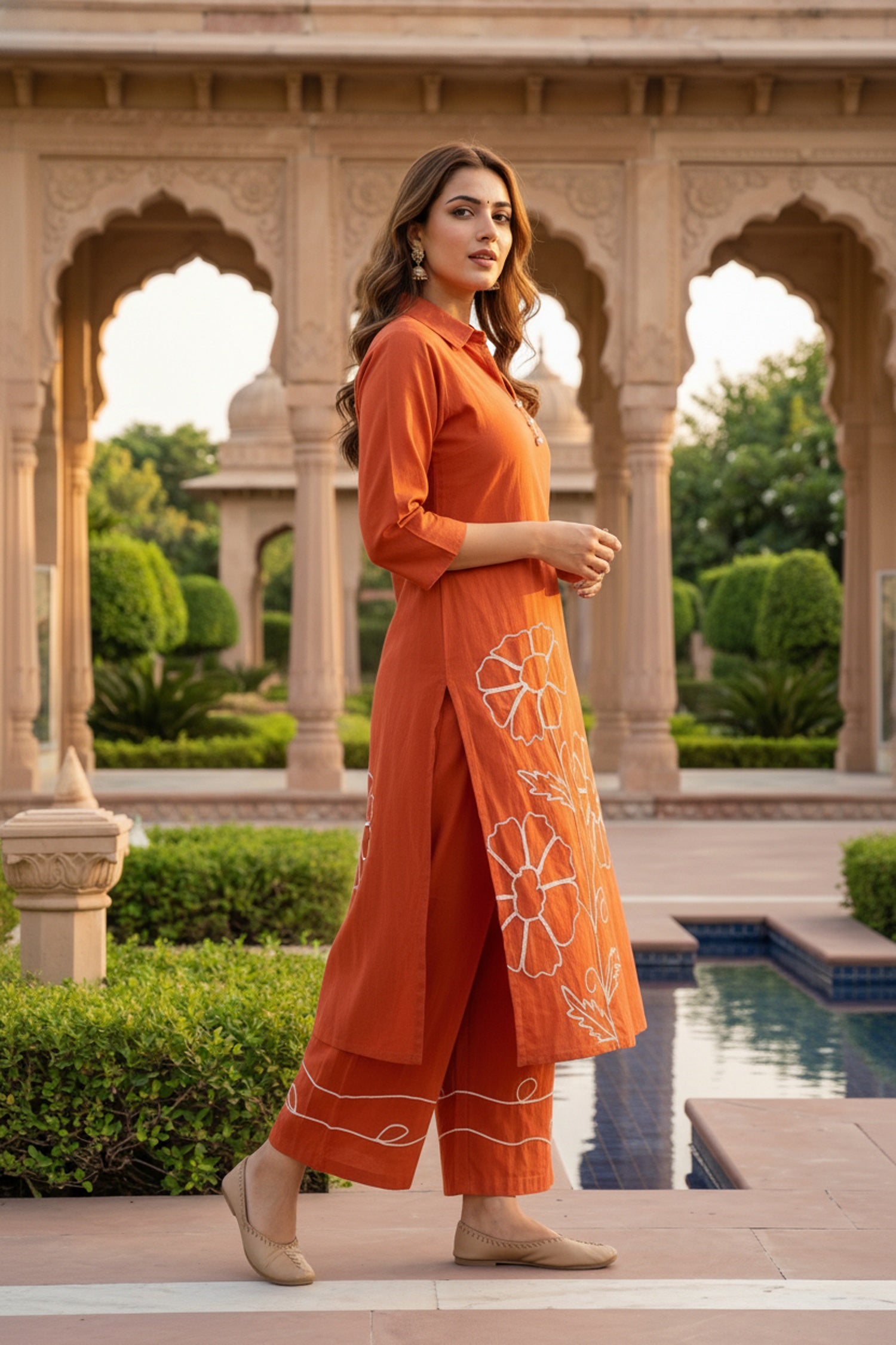 Rust Cotton Co-ord Set with Minimal Floral Thread Work