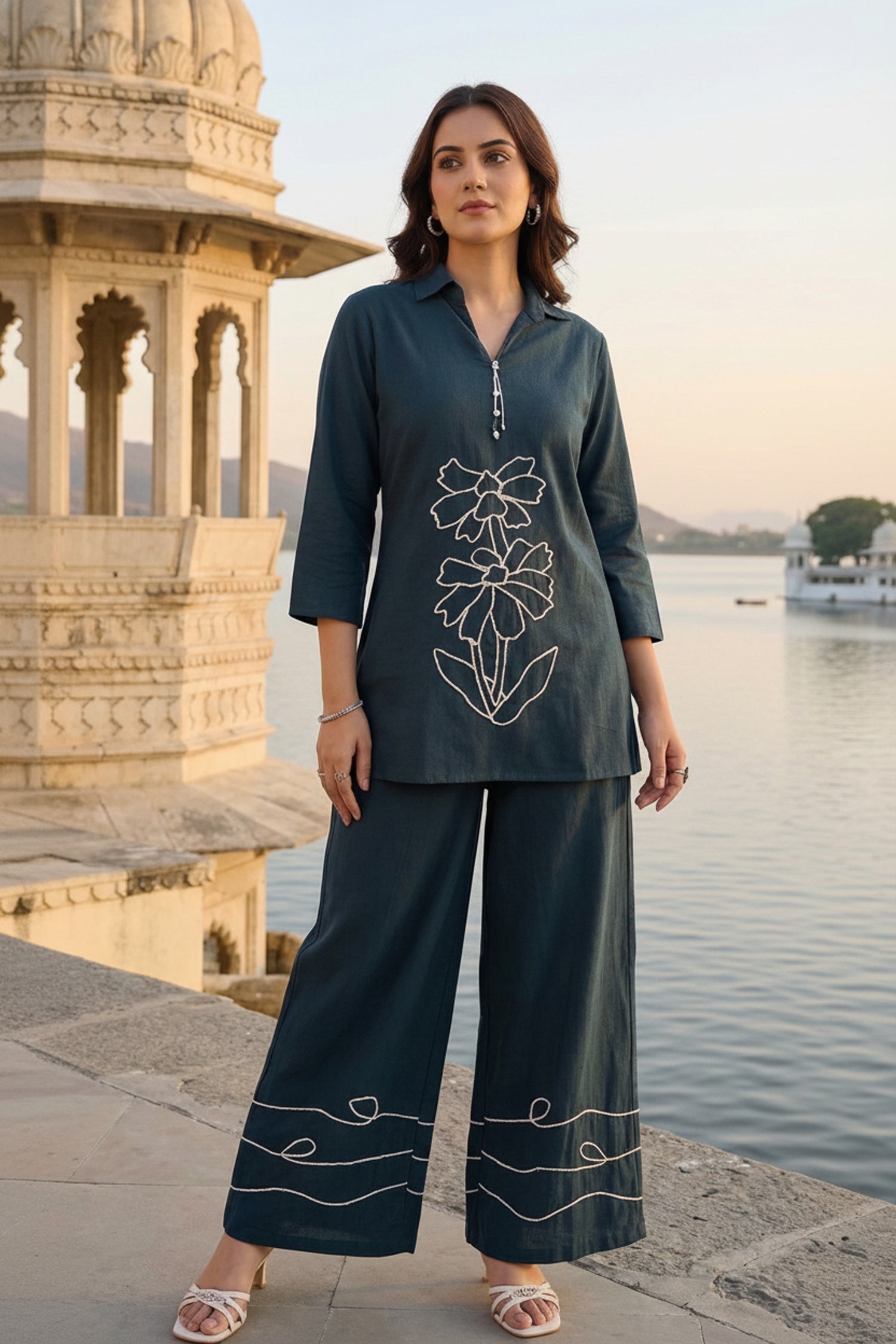 Greyish Blue Line Art Floral Co-ord Set