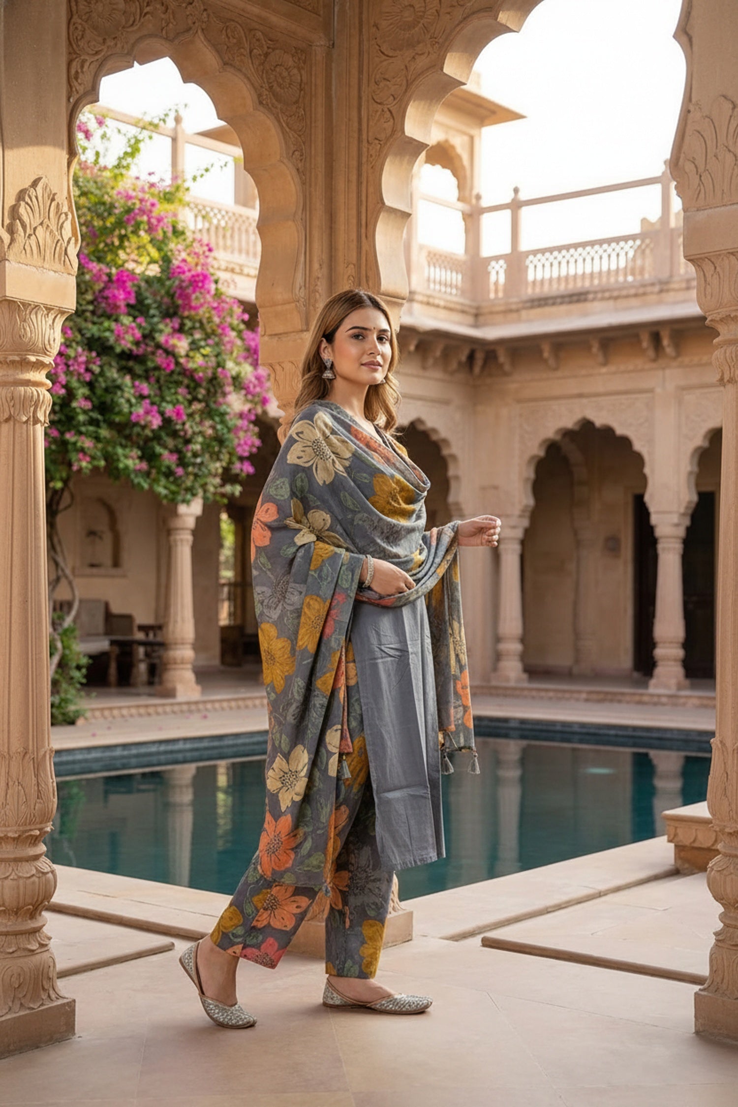 Grey Cotton Three-Piece Set with Printed Bottom & Dupatta