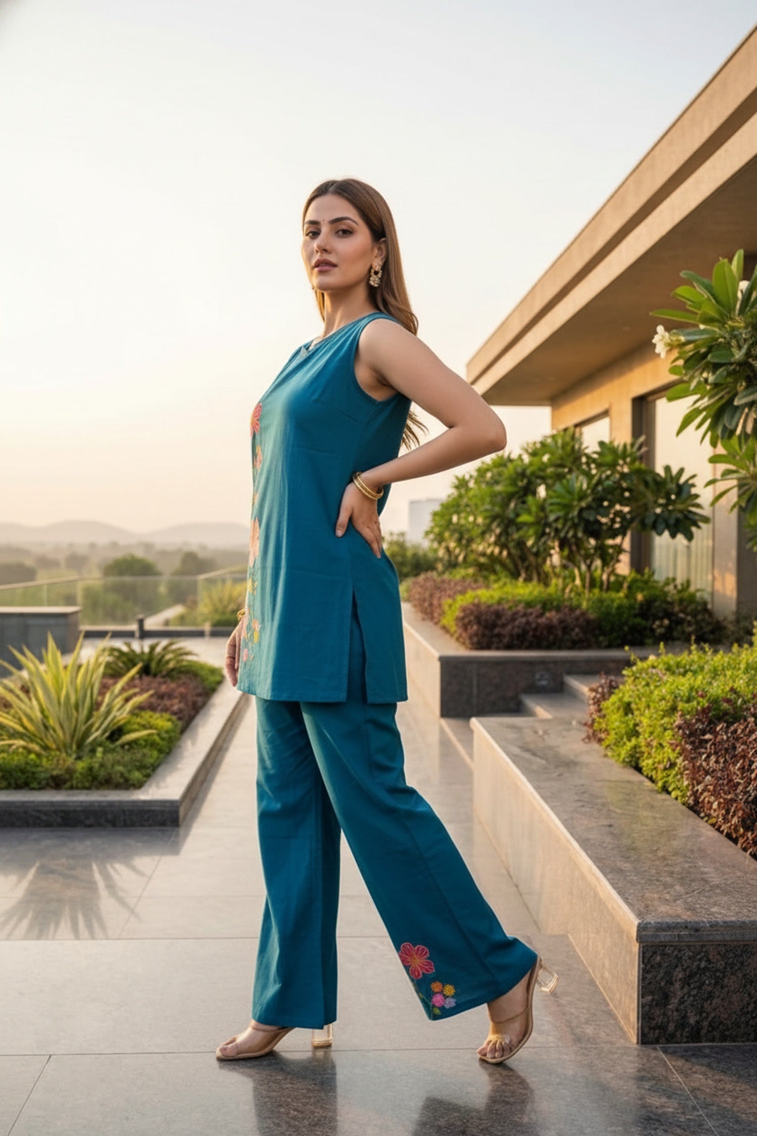 Blue Sleeveless Cotton Co-ord Set with Floral Embroidery