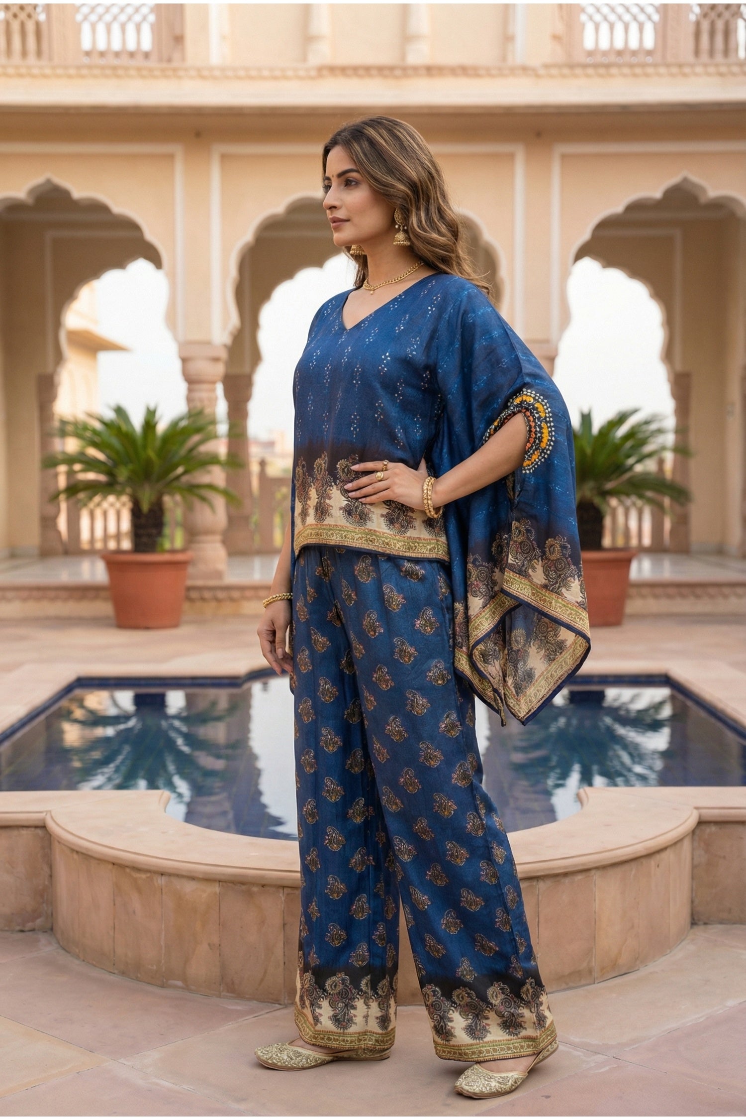 Navy Blue Ethnic Print Co-ord Set with Kaftan-Style