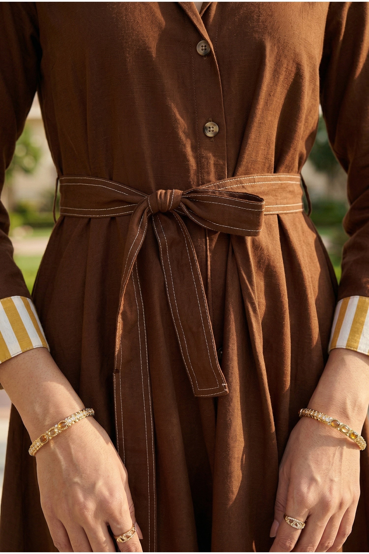 Brown Solid Long Dress with Belt