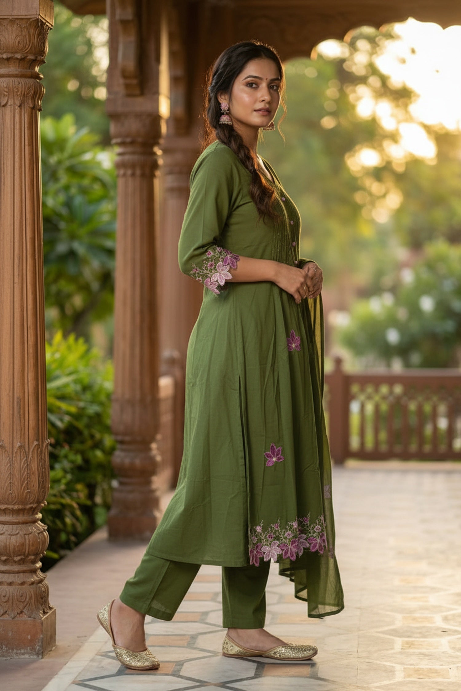 Dark Green Elegance Floral Detail Three Piece Suit