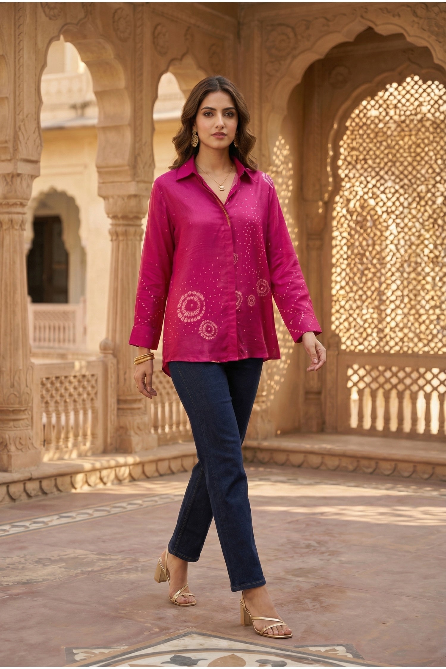 Rani Pink Satin Shirt with Ethnic Bandhani Pattern
