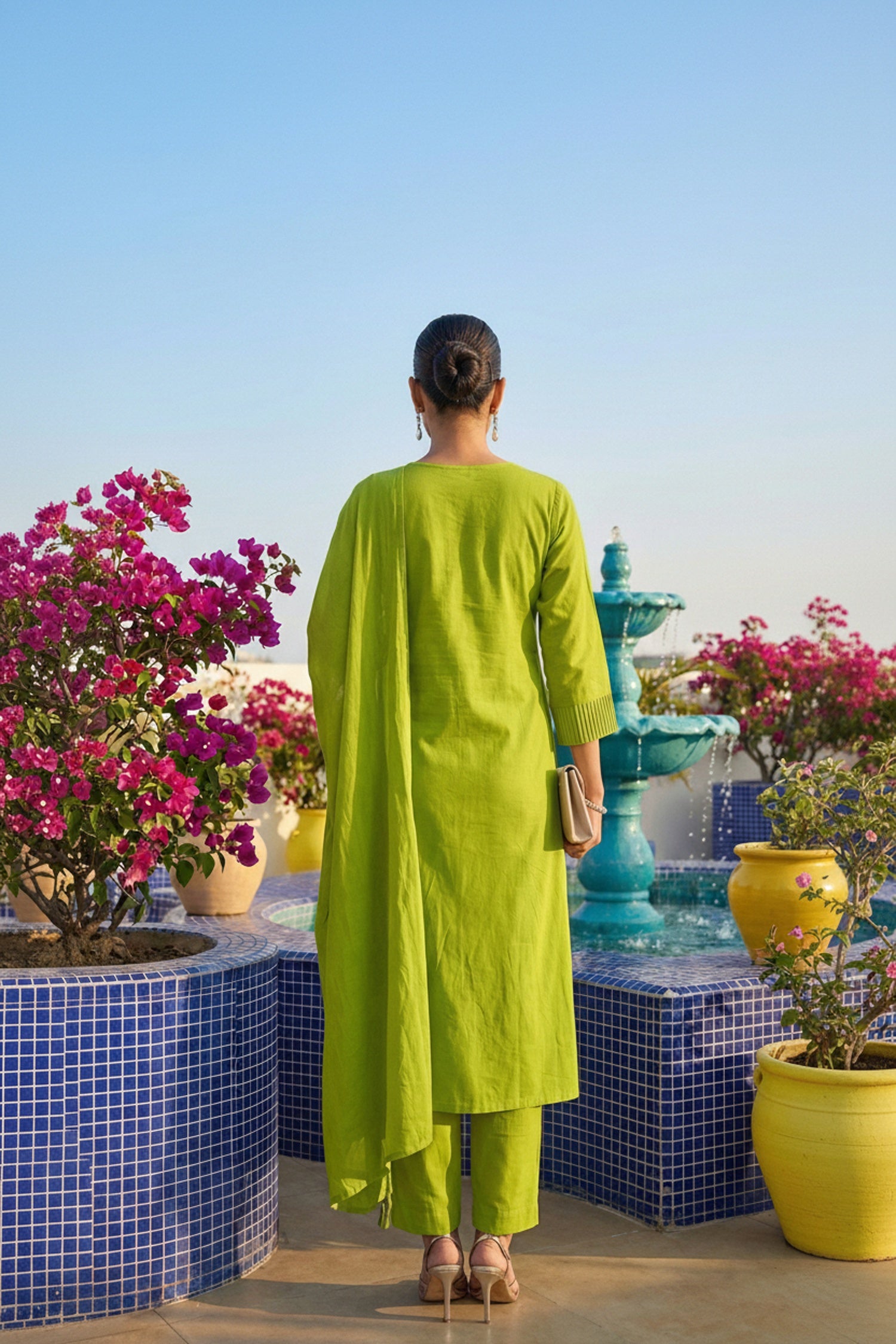 Green Mul Cotton Three Piece with Minimal Embroidery