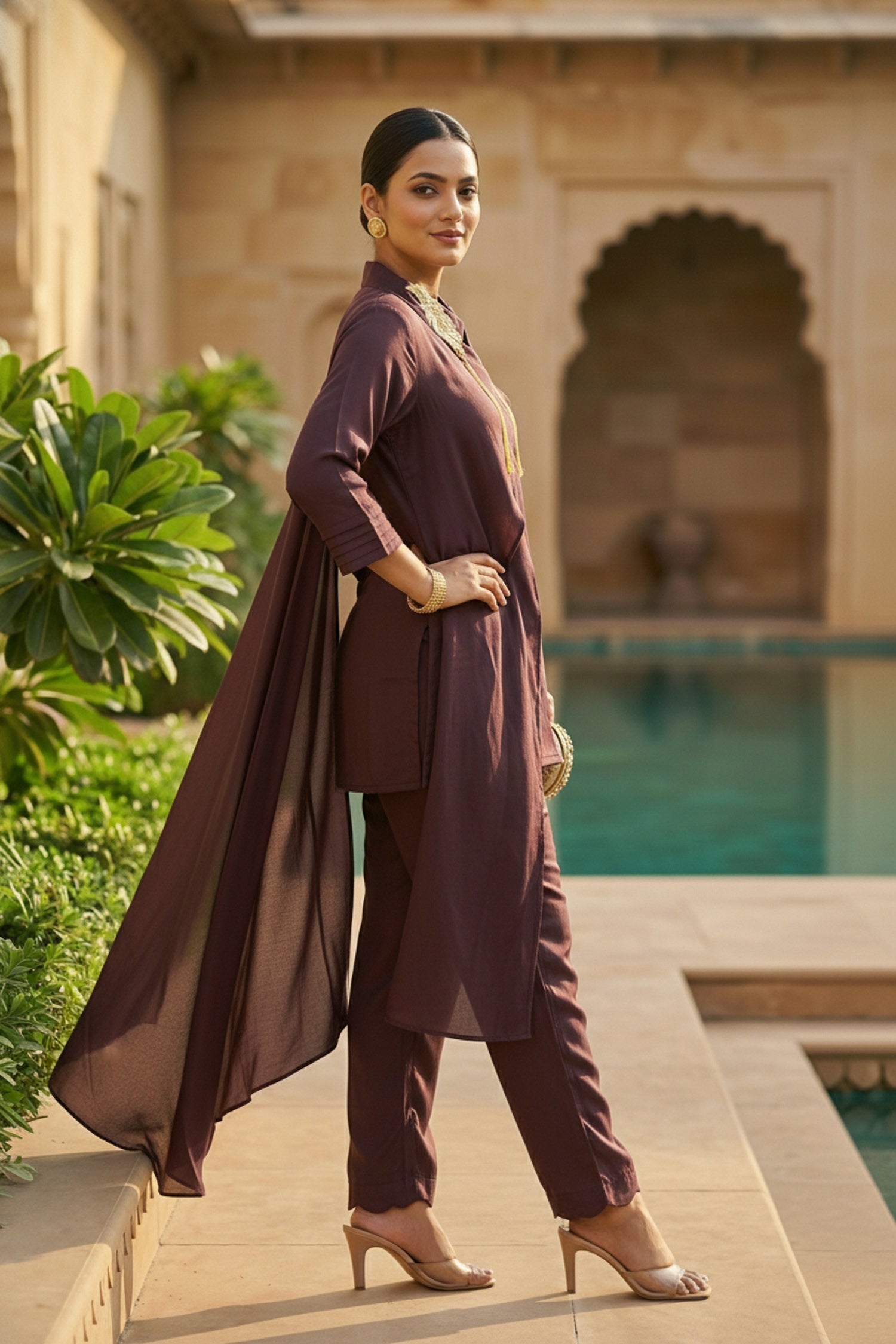Wine Elegance Embroidered Collar Co-ord Set