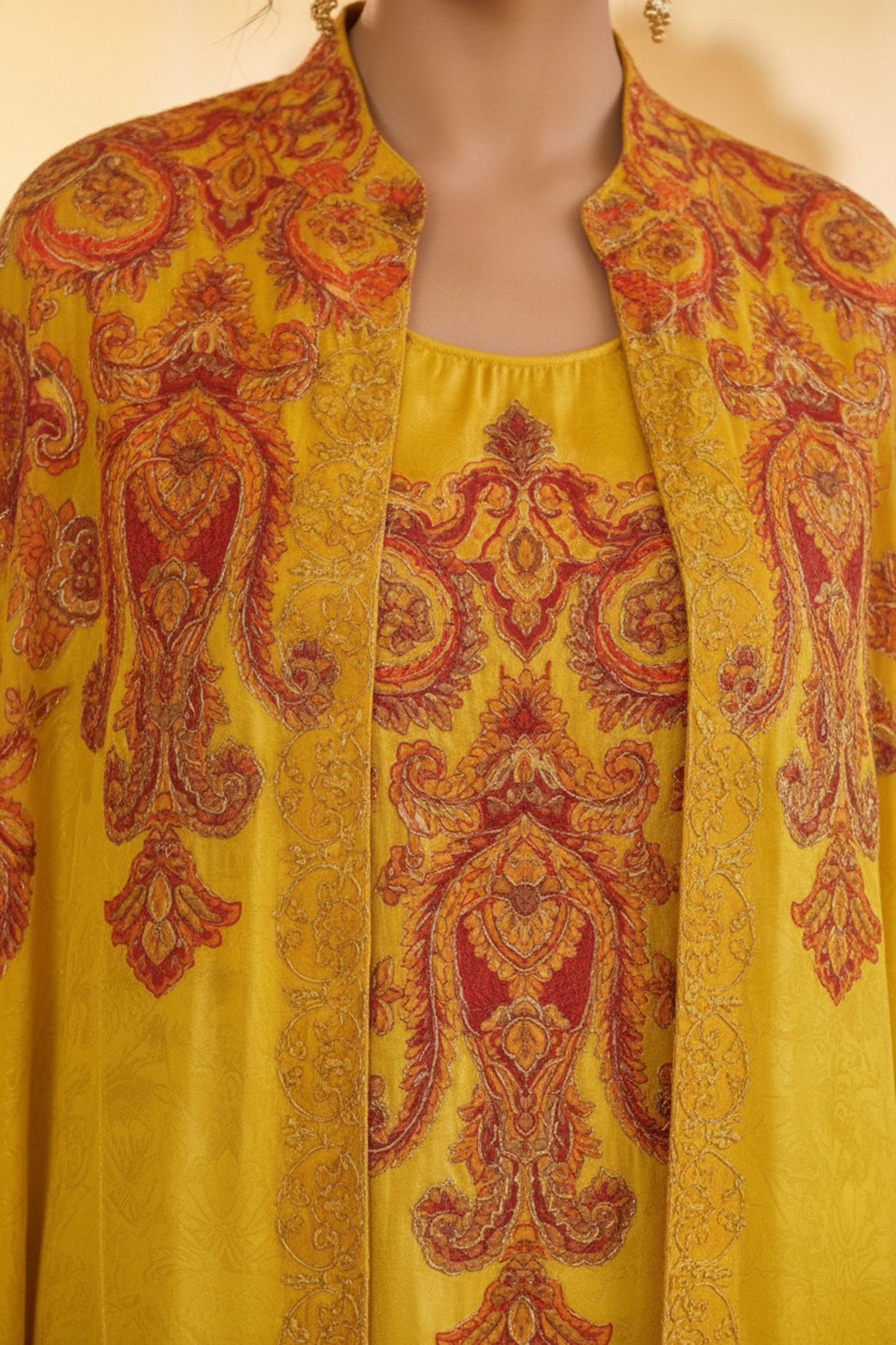 Mustard Chinon Kaftan Set with Embroidered Jacket