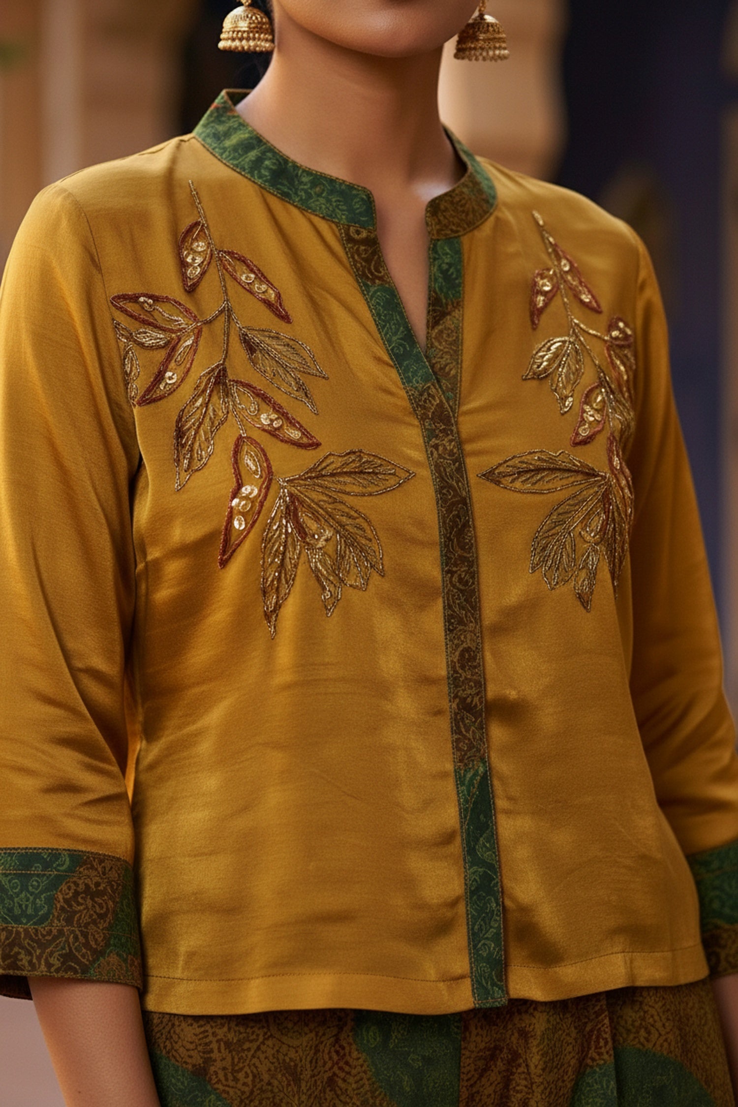 Mustard Chinon Cord Set with Embroidered Top & Printed Pants