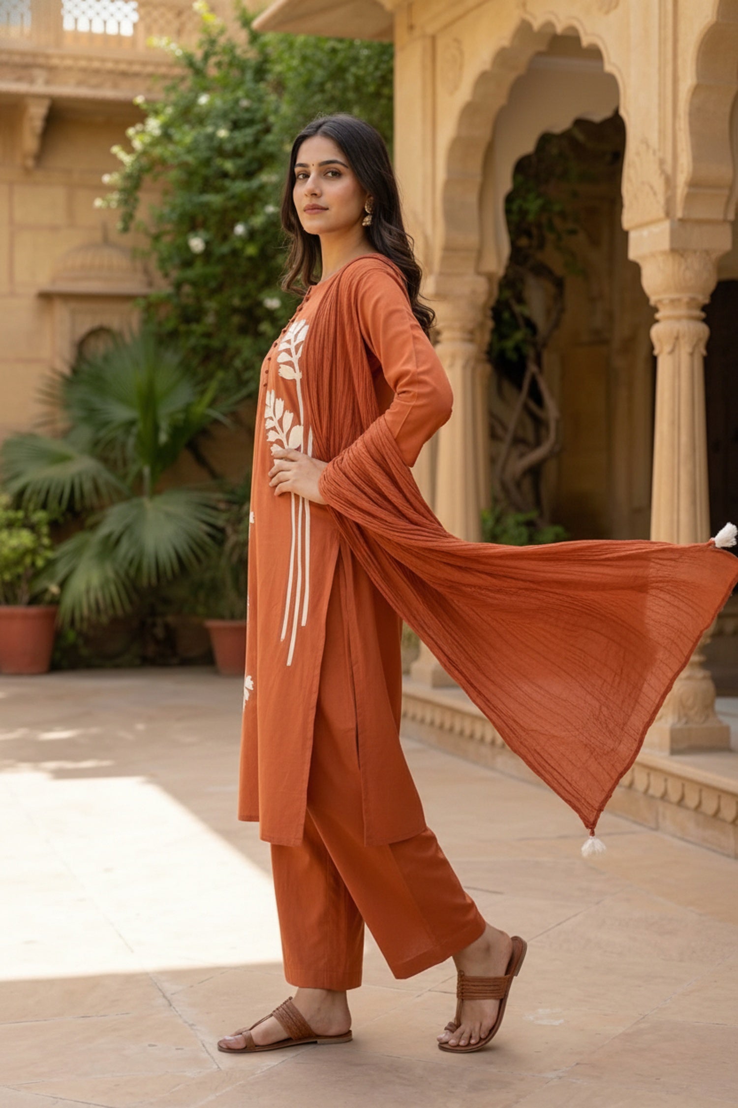 Orange Cotton Three-Piece Set with Minimal Work in Straight Cut