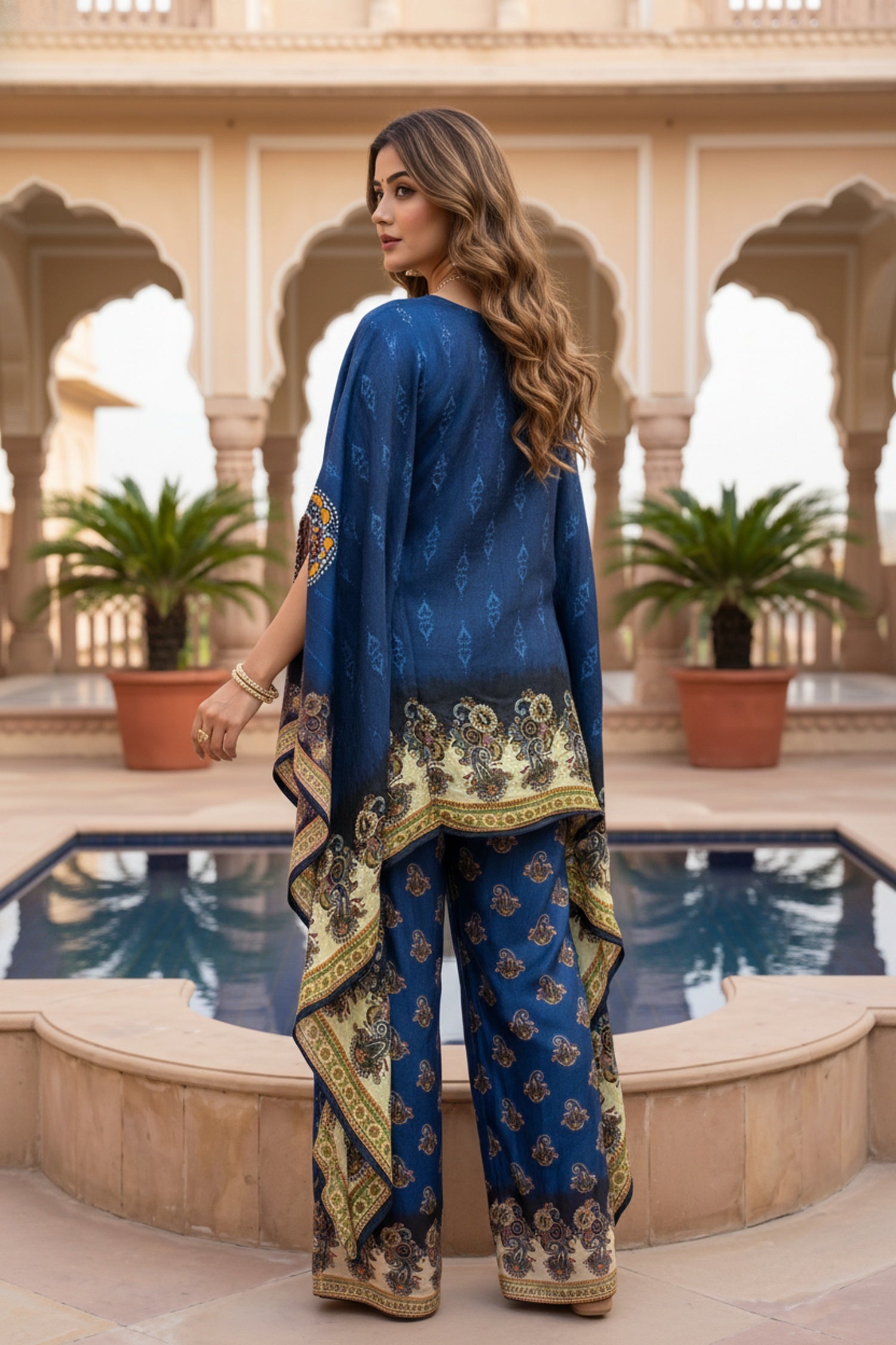 Navy Blue Ethnic Print Co-ord Set with Kaftan-Style