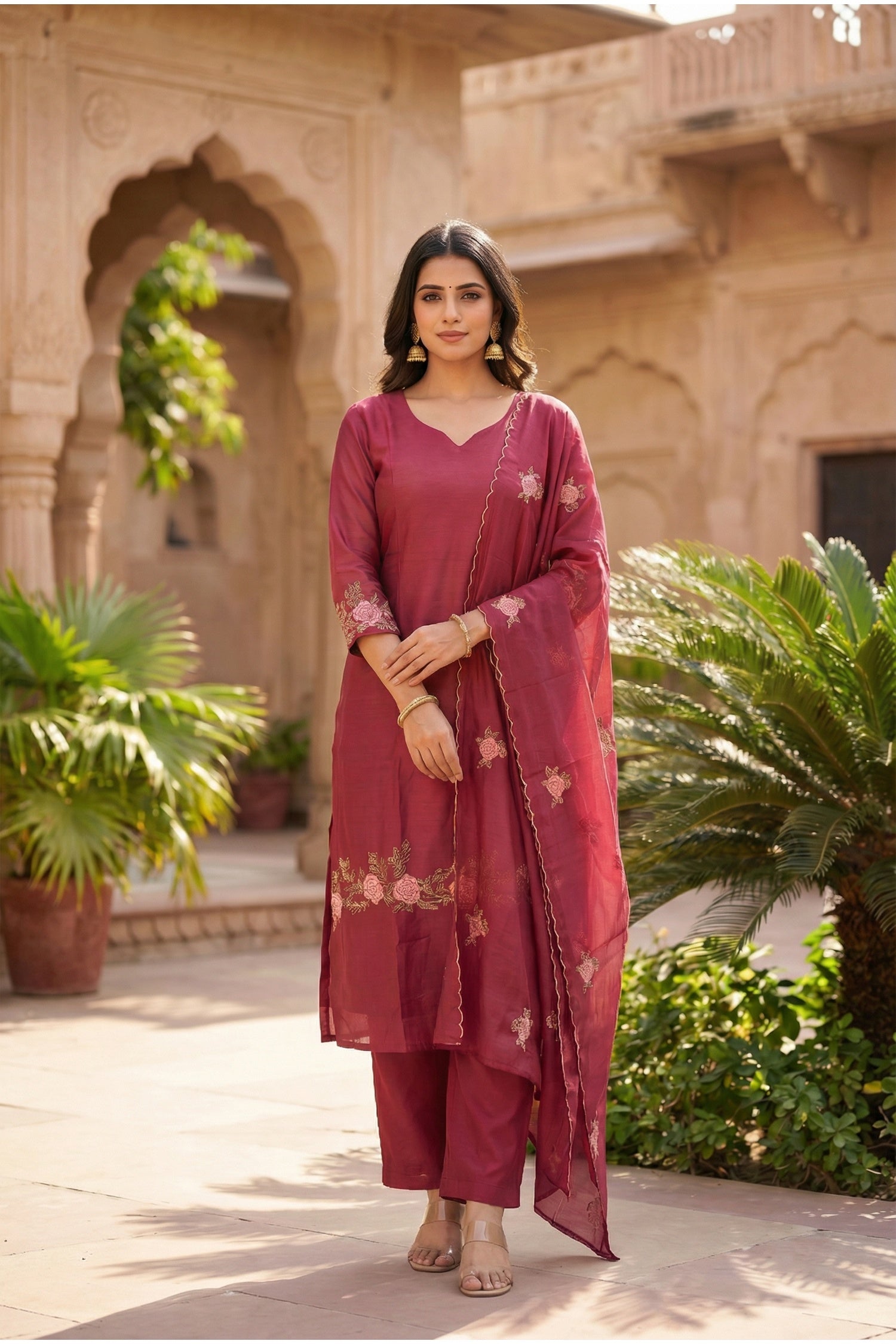 Wine Floral Embroidered Cotton Three-Piece Suit Set with Dupatta