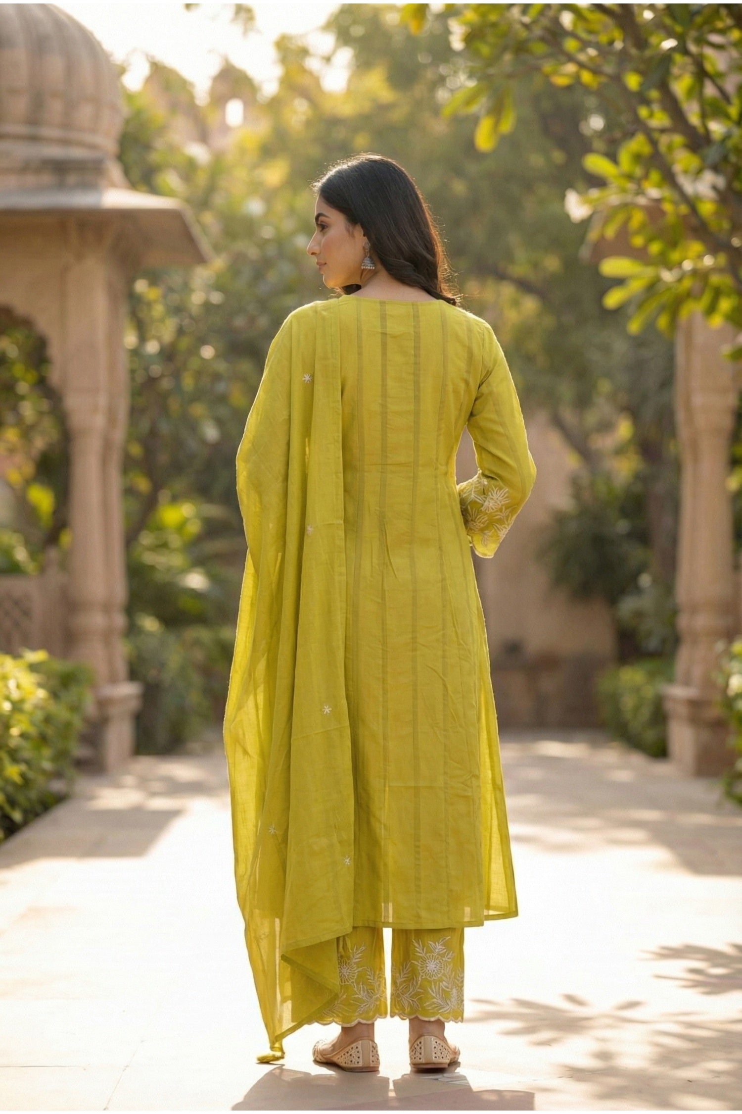 Mustard Embroidered Buti Kurta Set with Floral Placement Work & Tassel Neck Detail