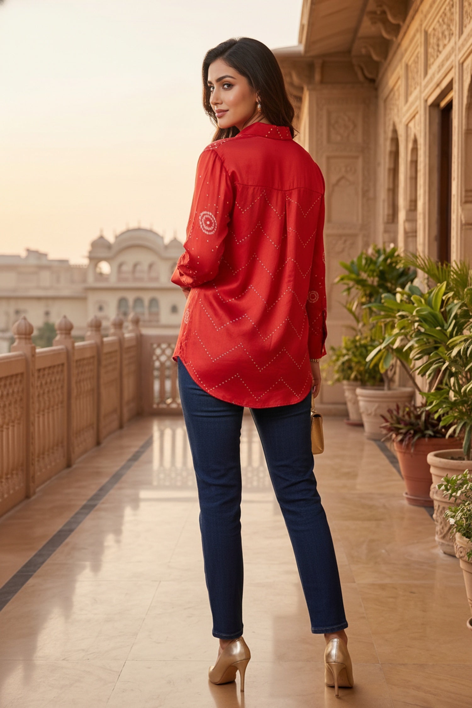 Red Satin Shirt with Bandhani Print