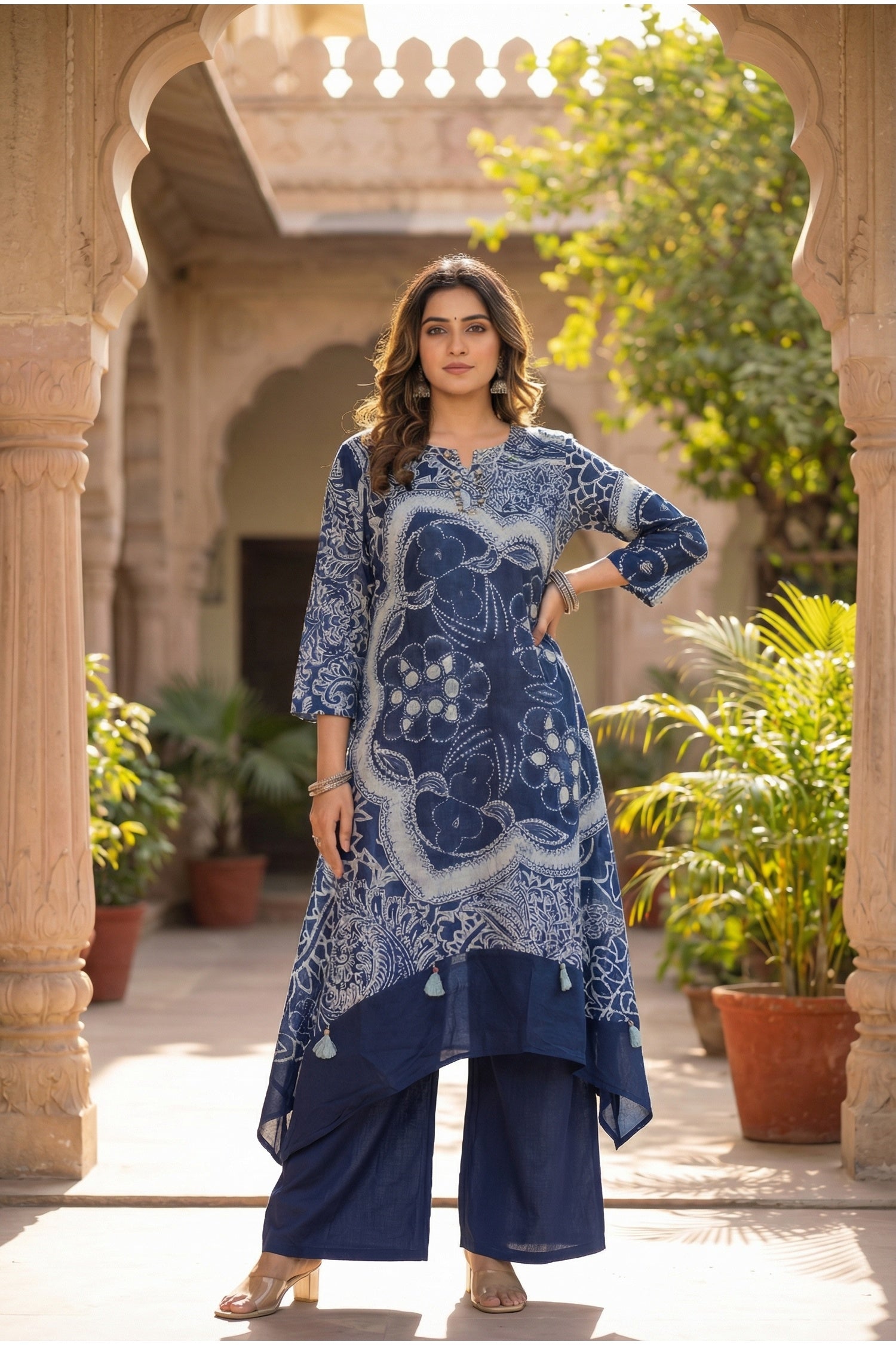 Indigo Blue Co-ord Set with Abstract Floral & Paisley Print