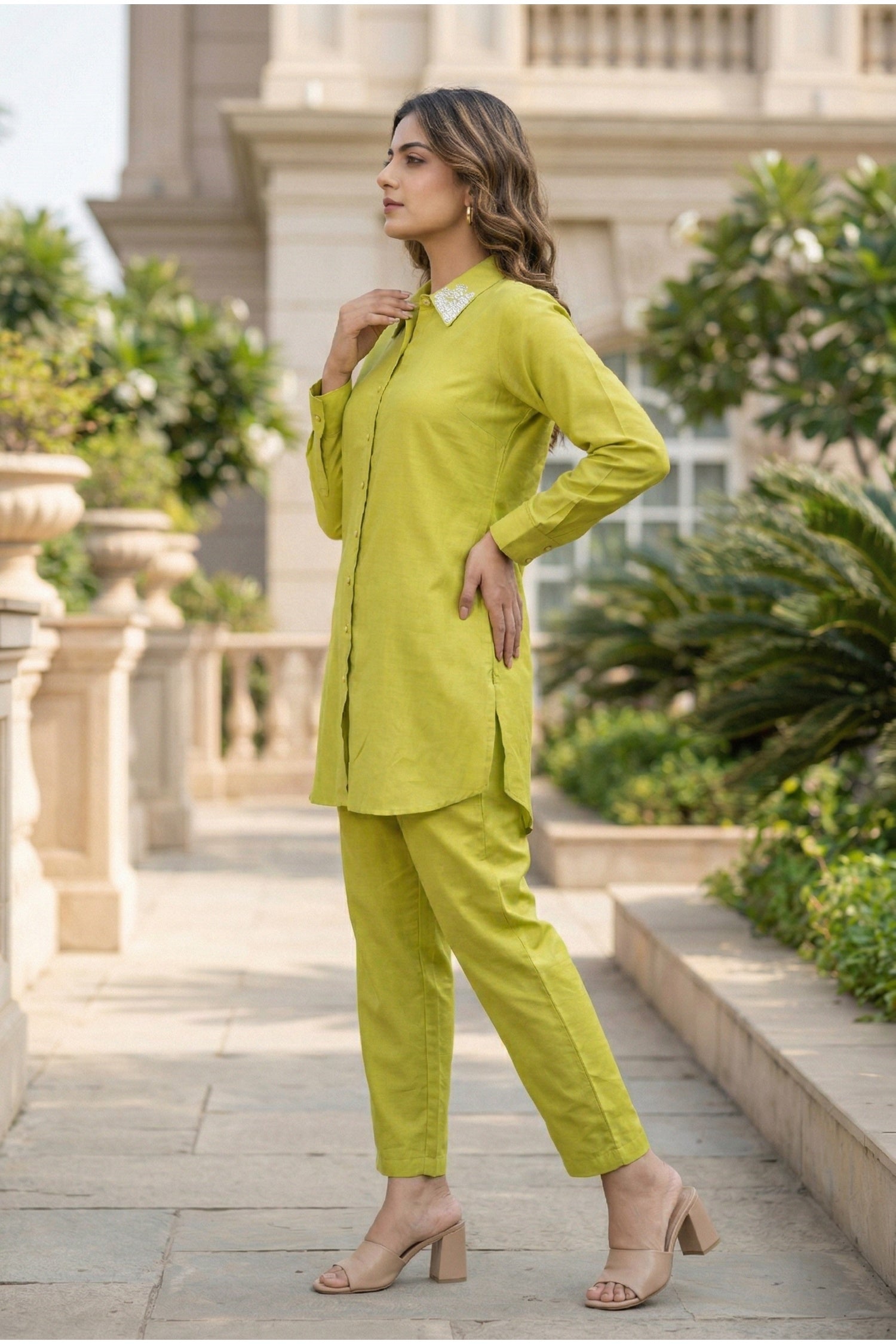 Yellow Cotton Co-ord Set with Collar Embroidery