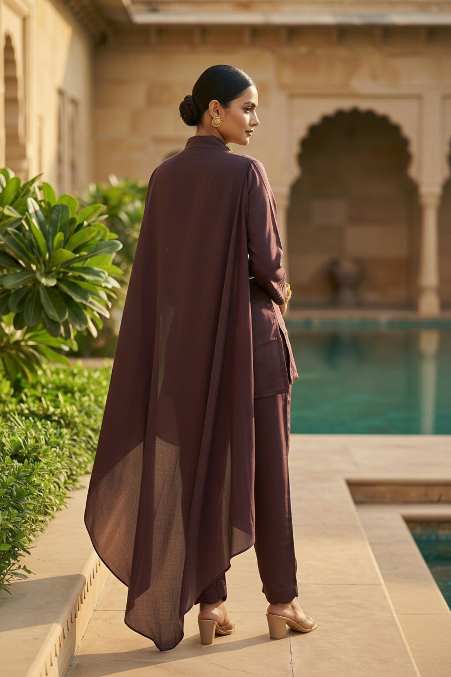 Wine Elegance Embroidered Collar Co-ord Set