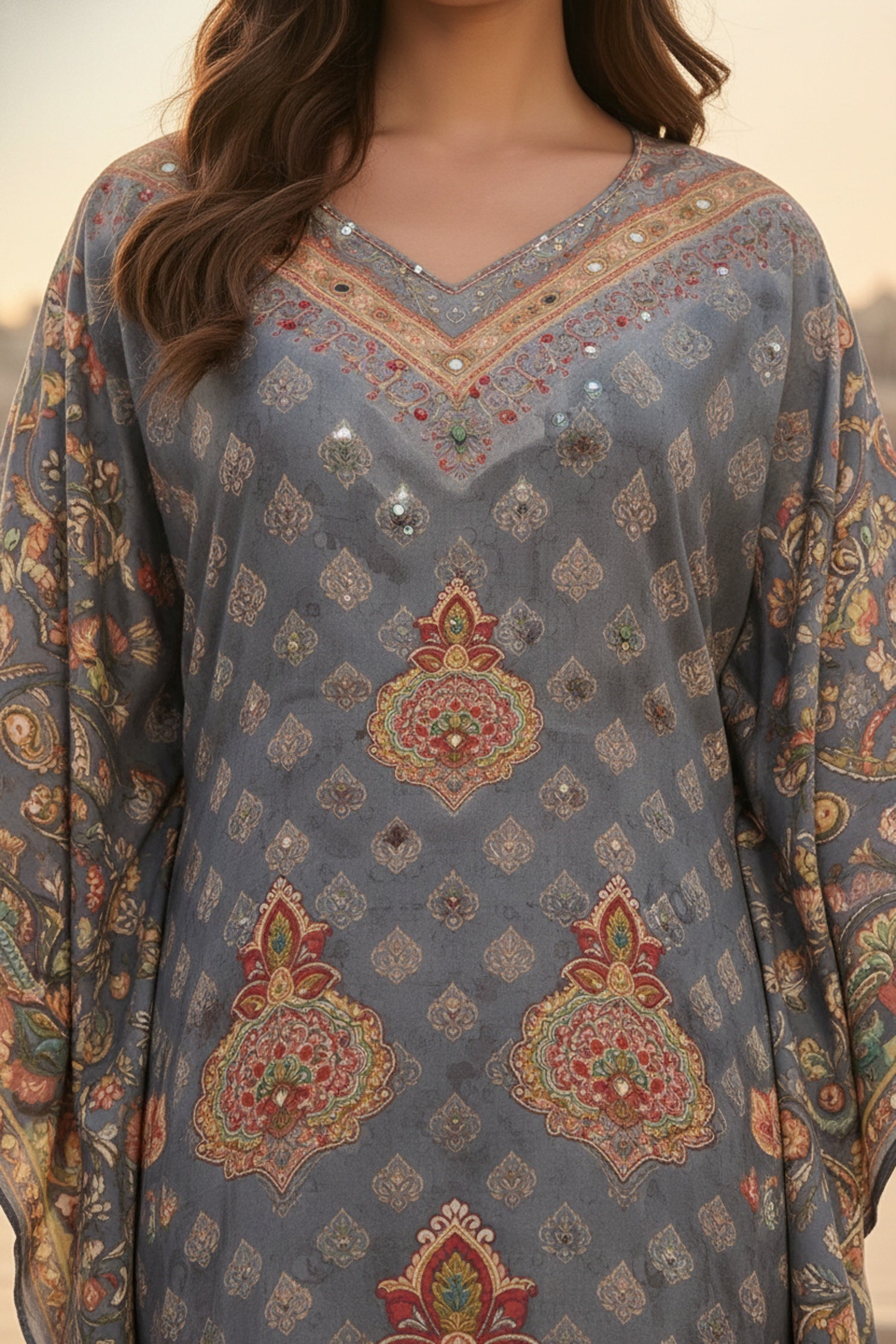 Grey Printed Long Kaftan with Embroidered Detailing in Viscose