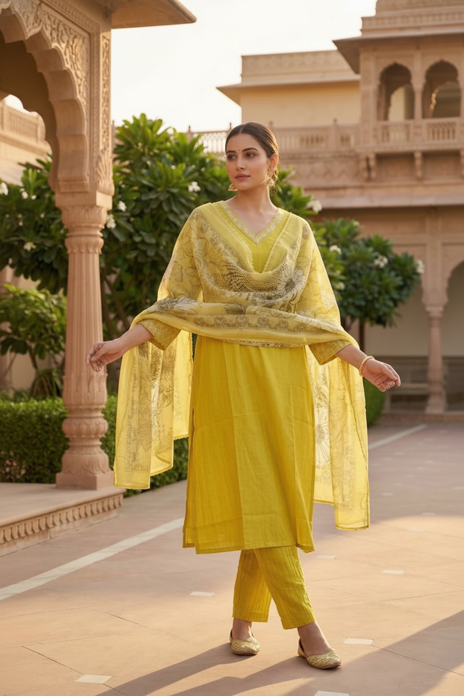 Yellow Cotton Three-Piece Set with Tissue Silk Dupatta