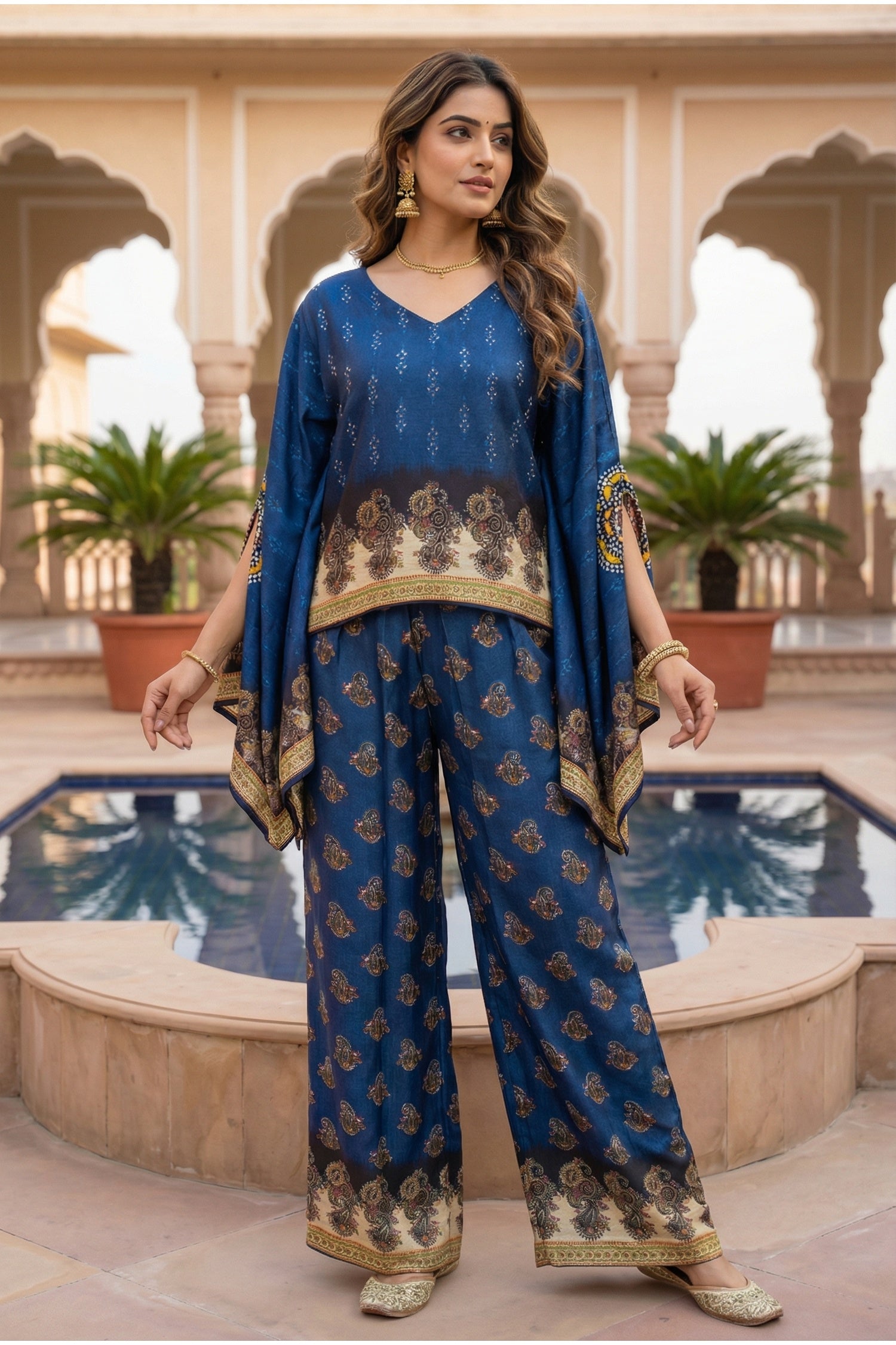 Navy Blue Ethnic Print Co-ord Set with Kaftan-Style