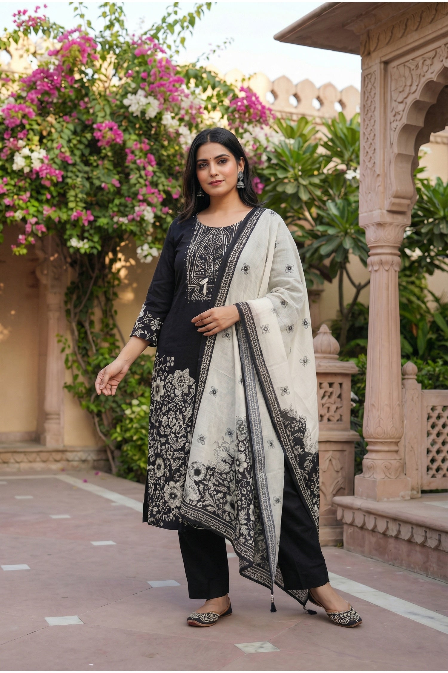 Black Cotton Three-Piece Suit Set with Elegant Ethnic Design