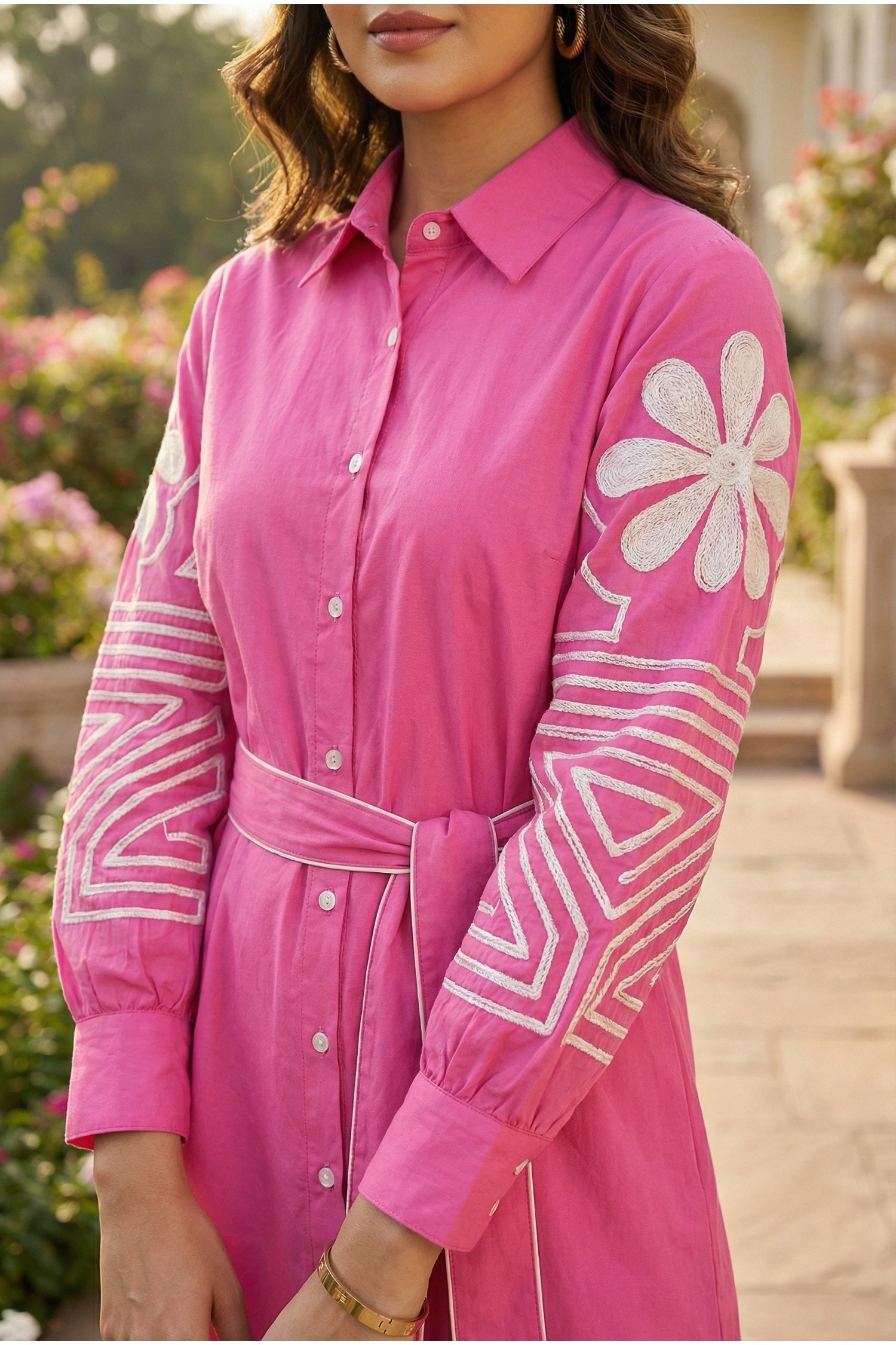 CHIC PINK COTTON EMBROIDERED SHIRT TUNICS DRESS