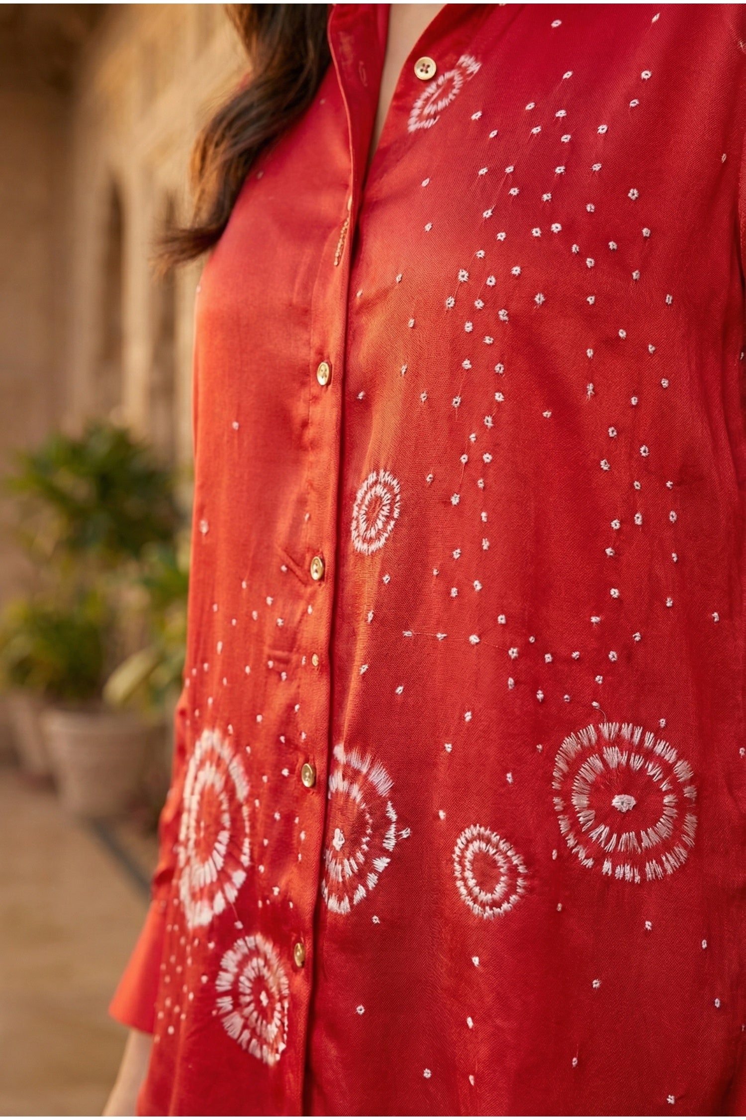 Red Satin Shirt with Bandhani Print