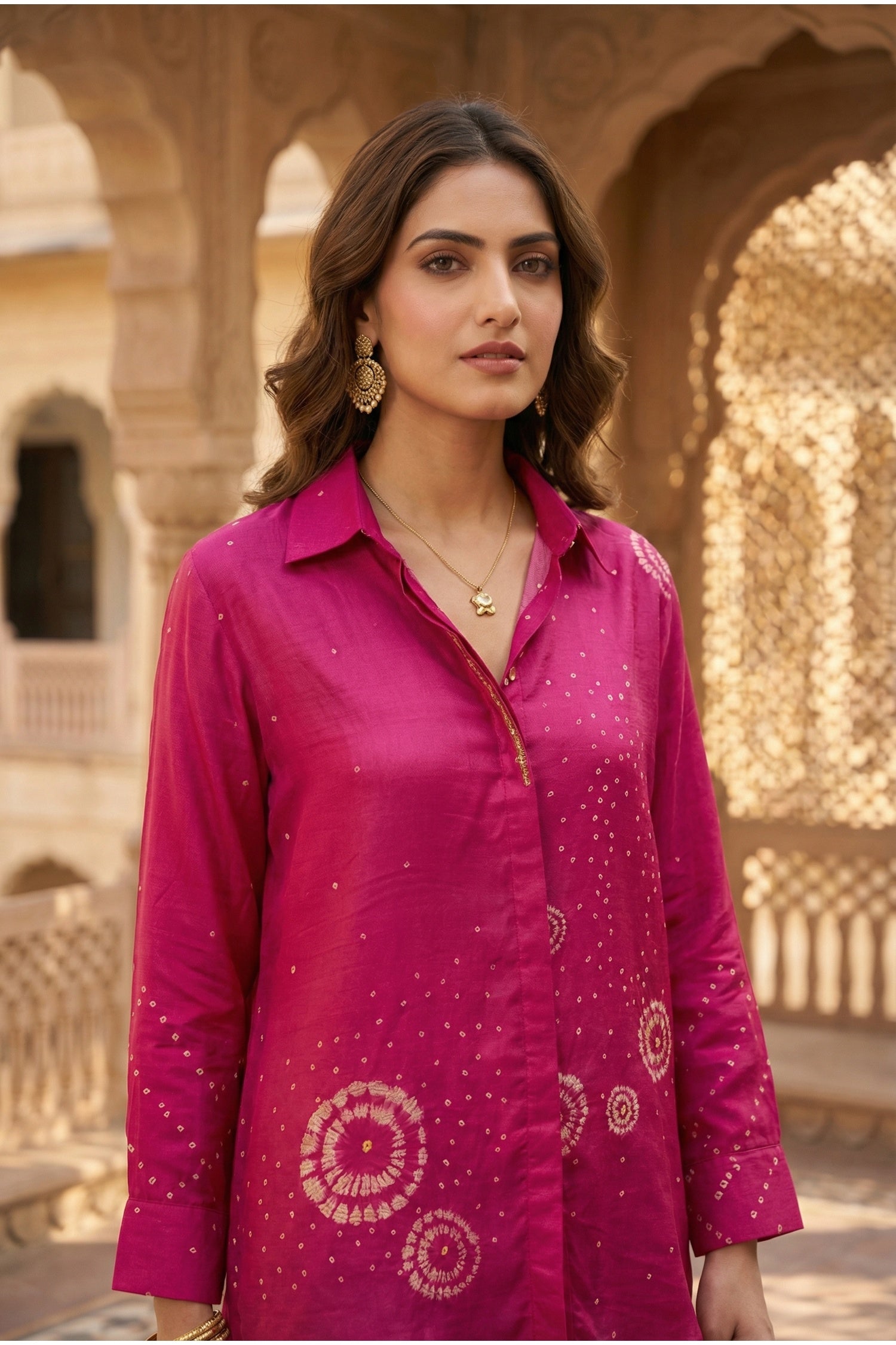 Rani Pink Satin Shirt with Ethnic Bandhani Pattern