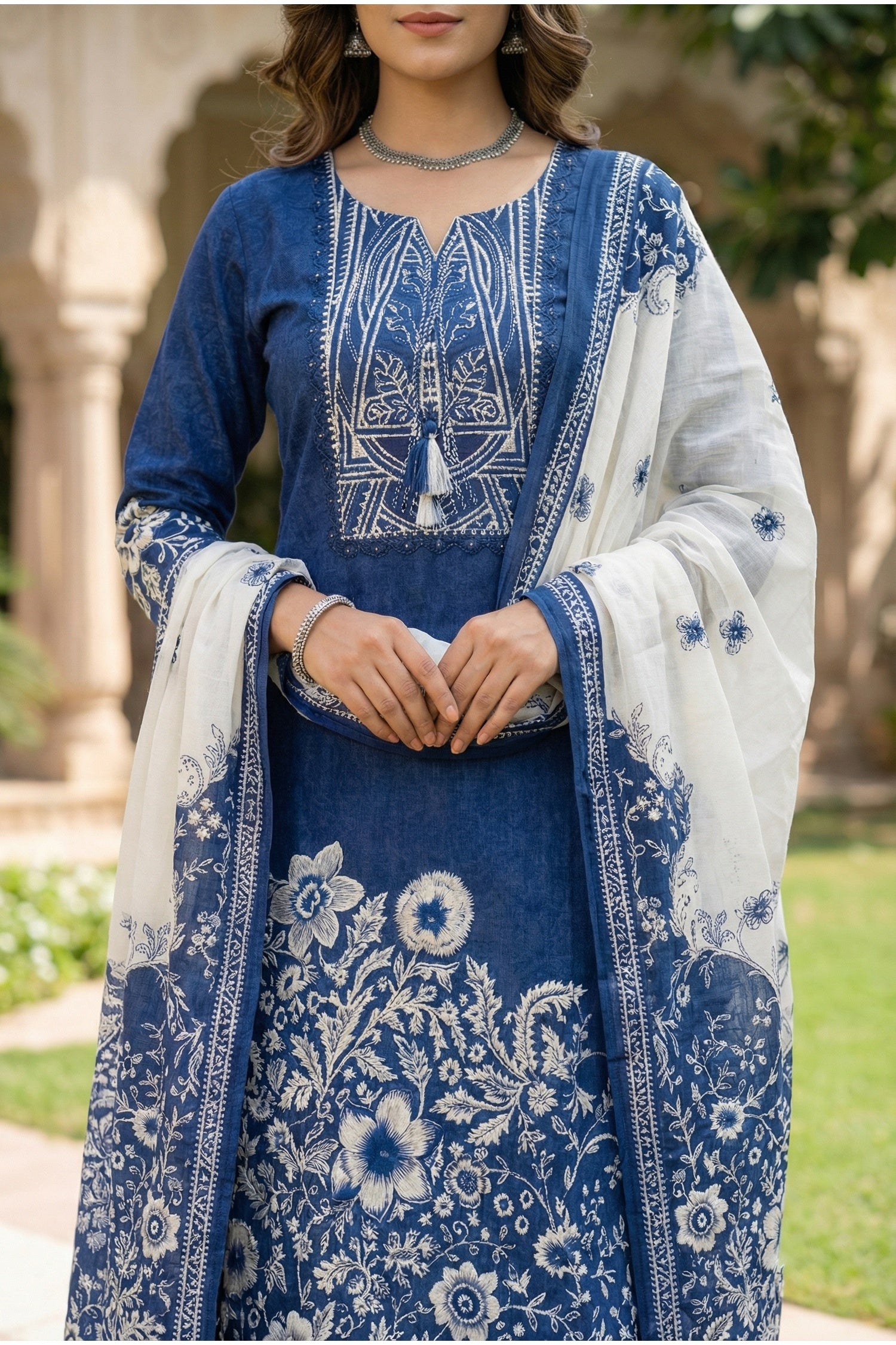 Blue Cotton Three-Piece Set with Digital Print