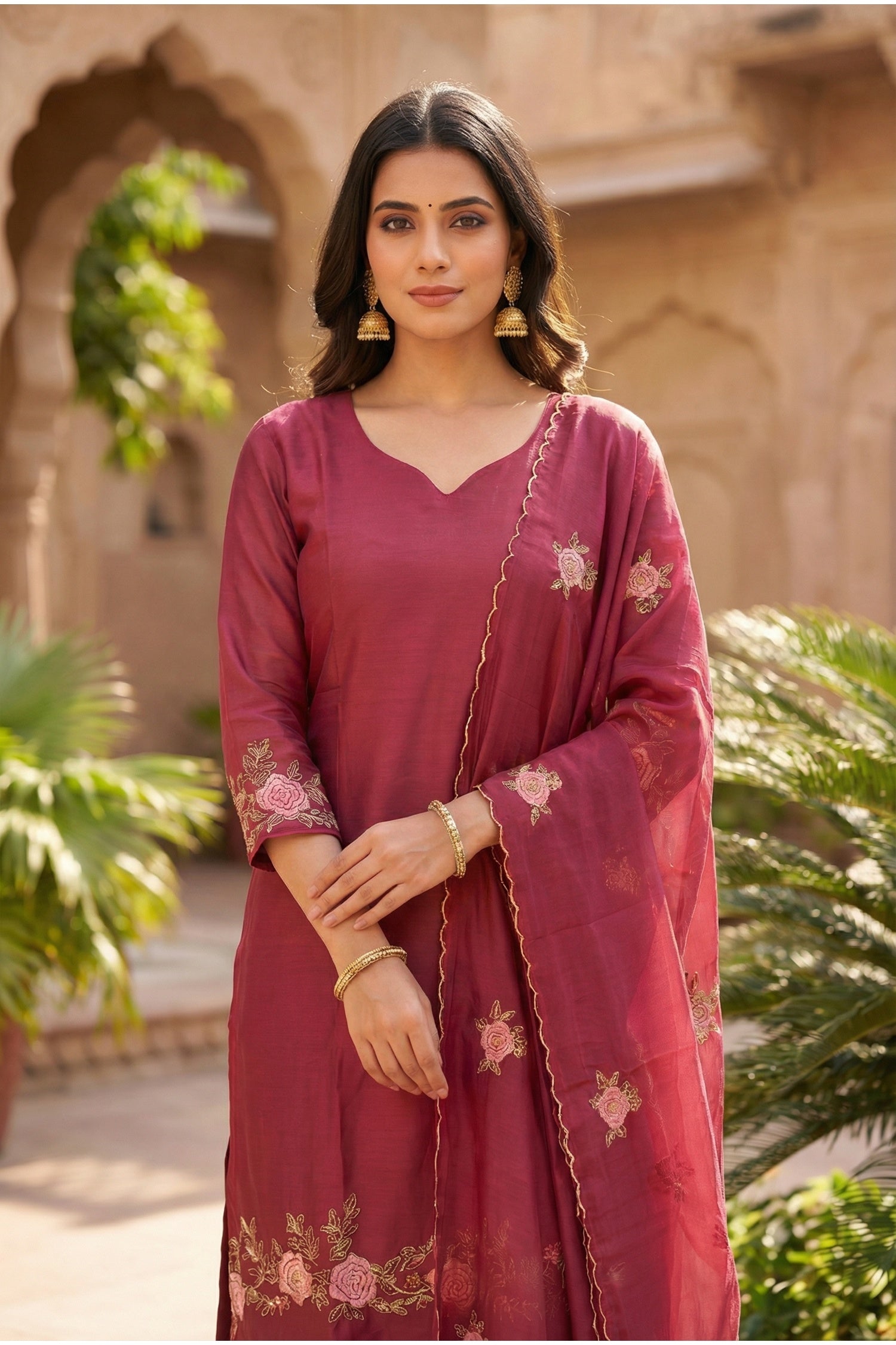 Wine Floral Embroidered Cotton Three-Piece Suit Set with Dupatta