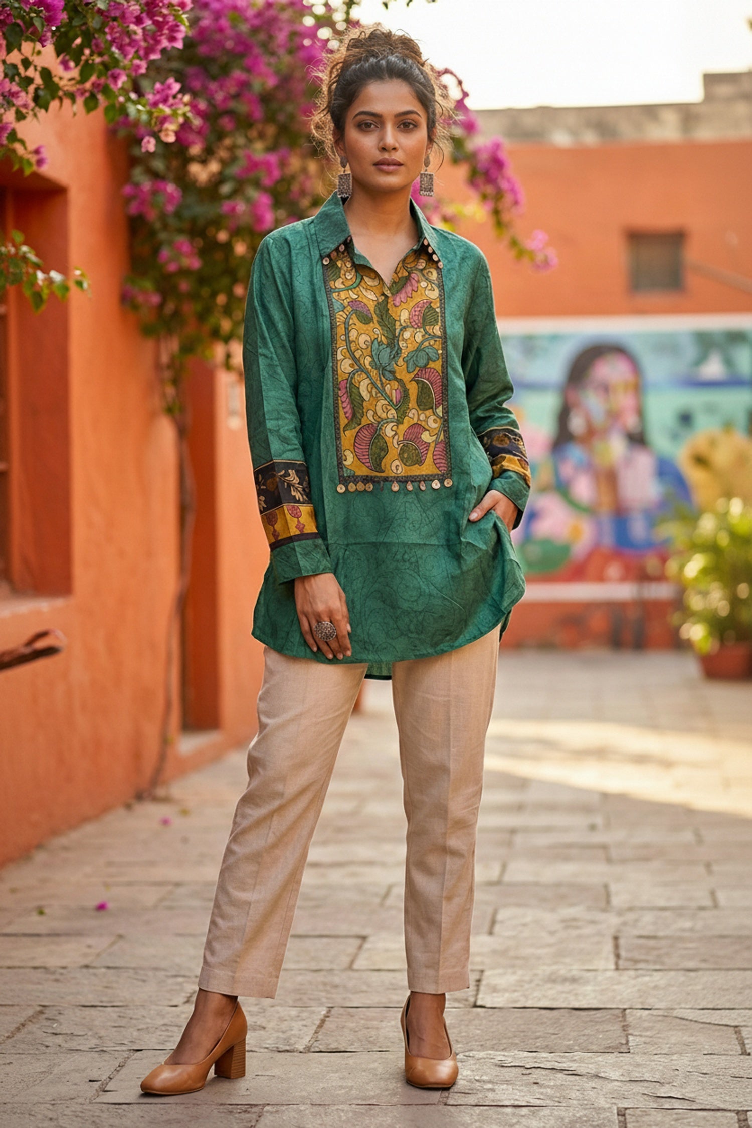 Chic Green Printed Satin Fashion Top