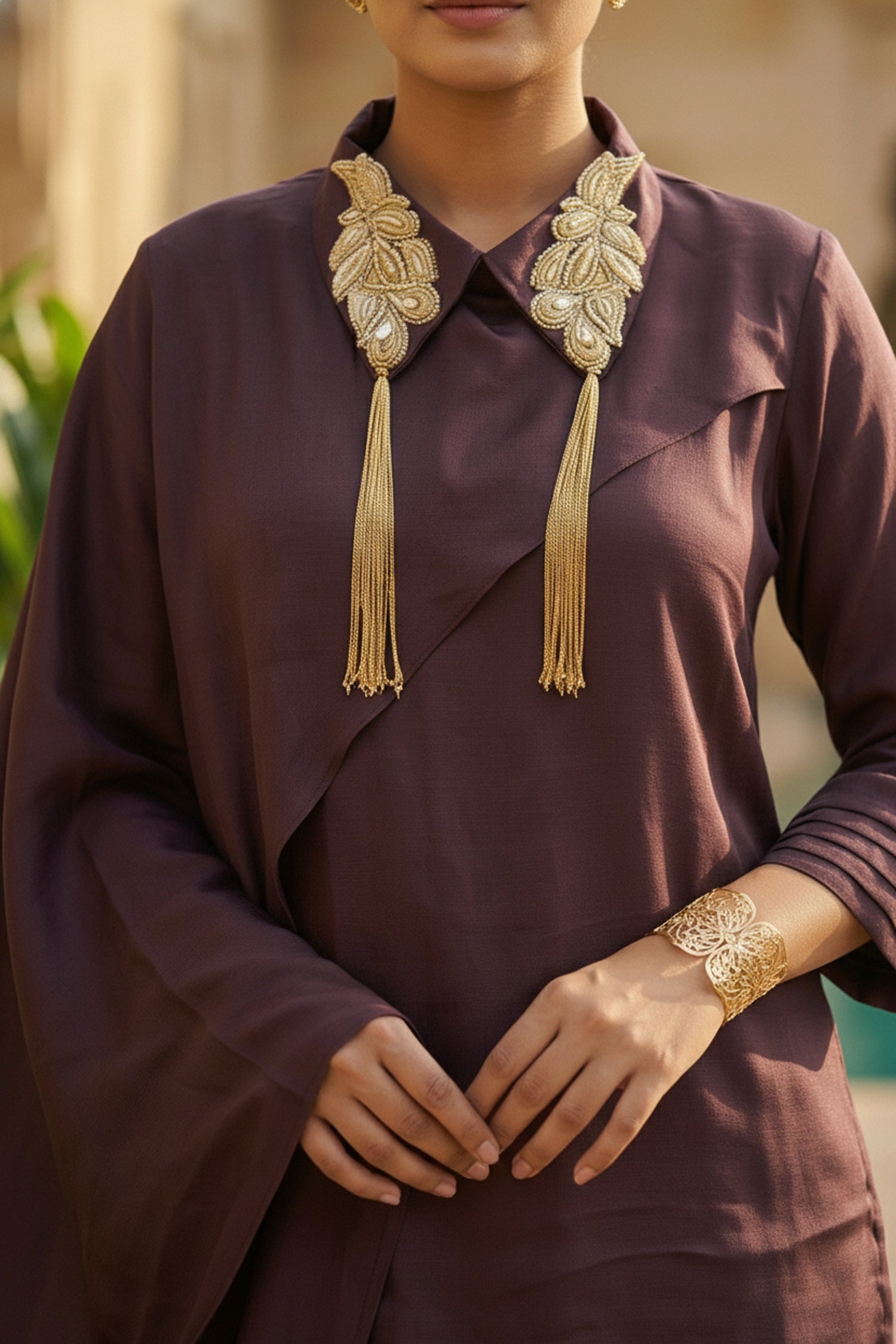 Wine Elegance Embroidered Collar Co-ord Set