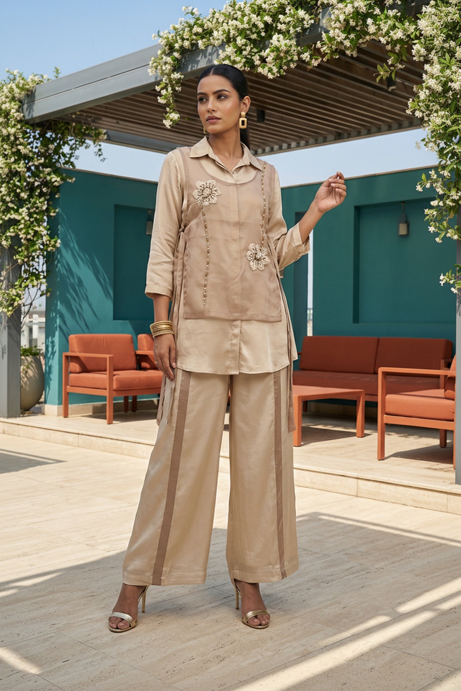 Beige Grace Tissue Jacket with Chinon Cord Set