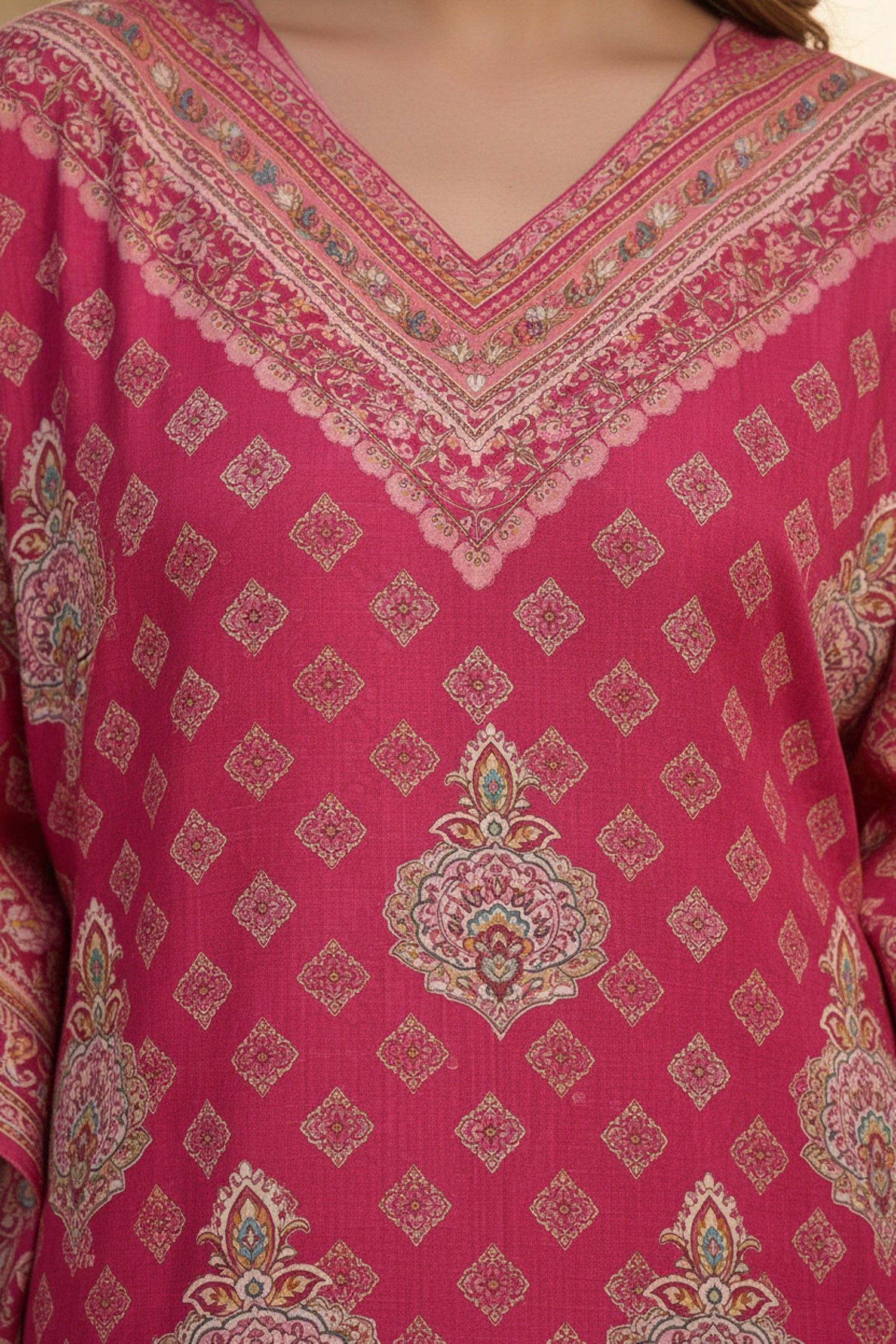 Pink Printed Viscose Long Kaftan