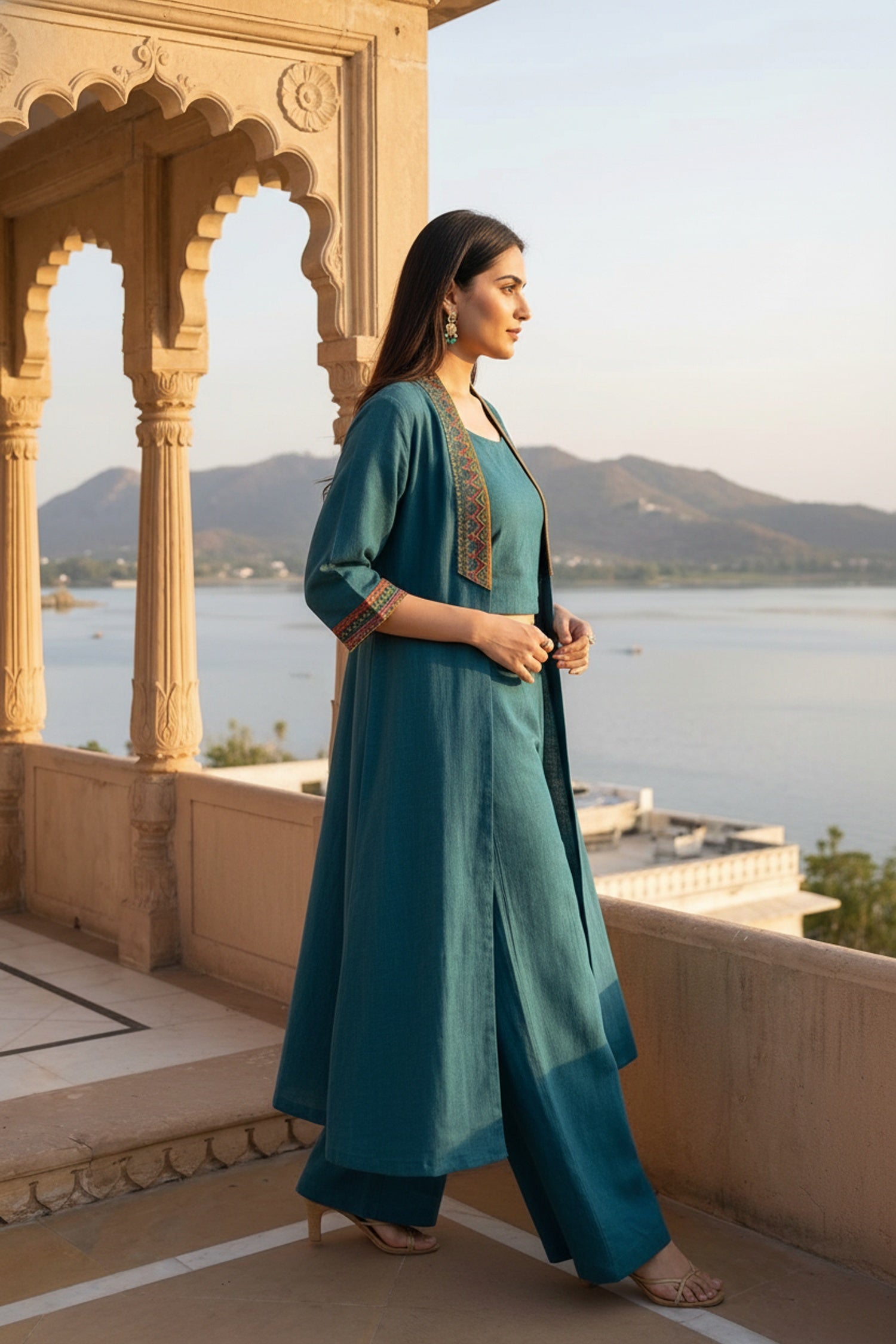 Teal Blue Cotton Co-ord Set with Long Jacket