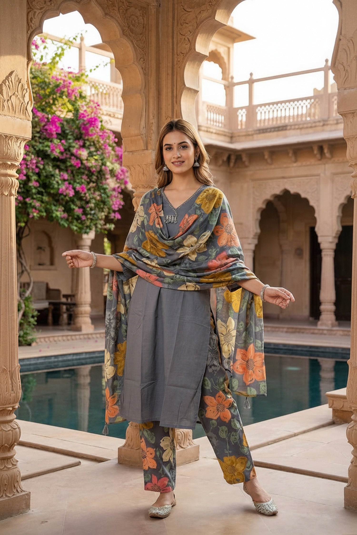Grey Cotton Three-Piece Set with Printed Bottom & Dupatta