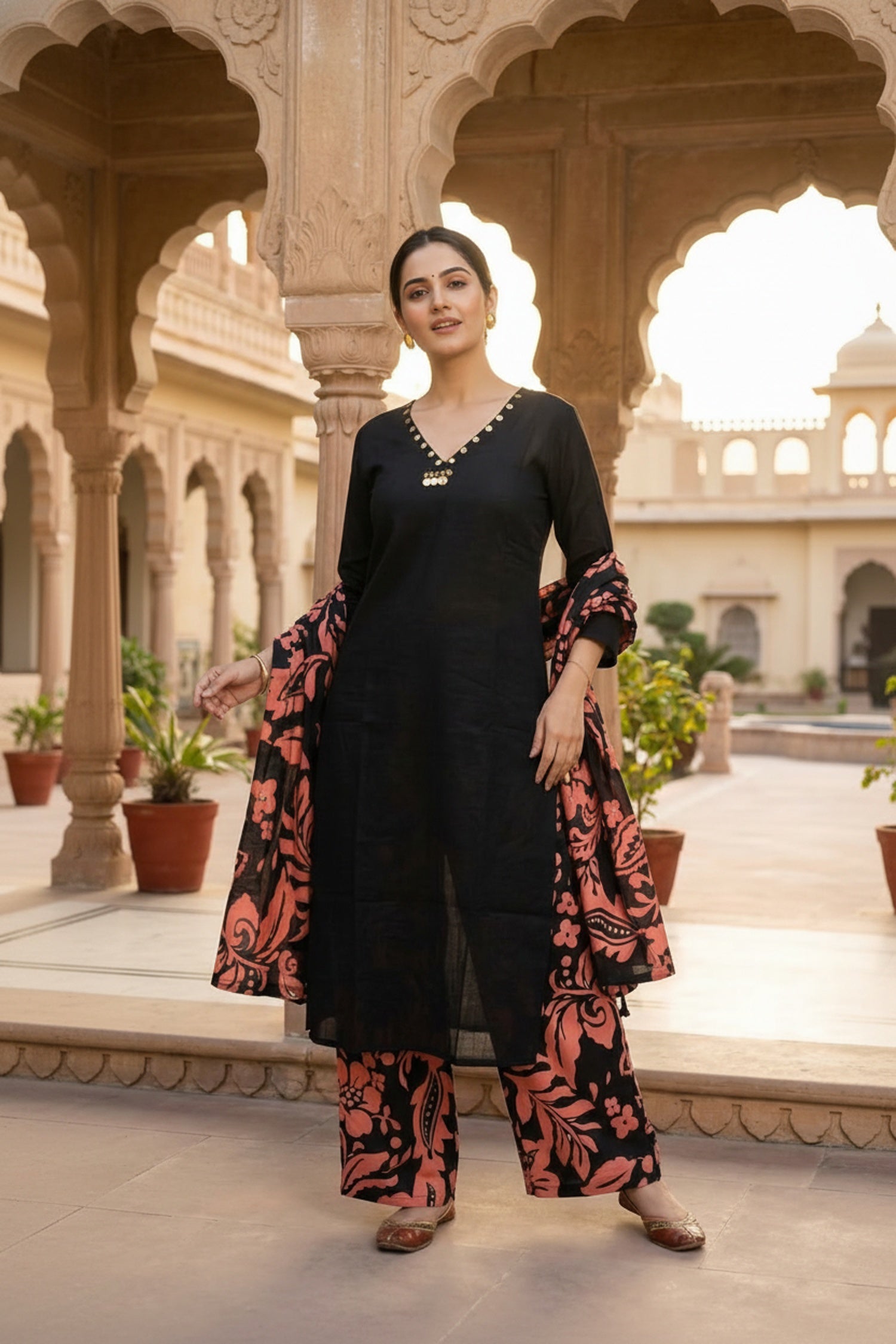 Black Straight Cut Three-Piece Set with Printed Bottom & Dupatta