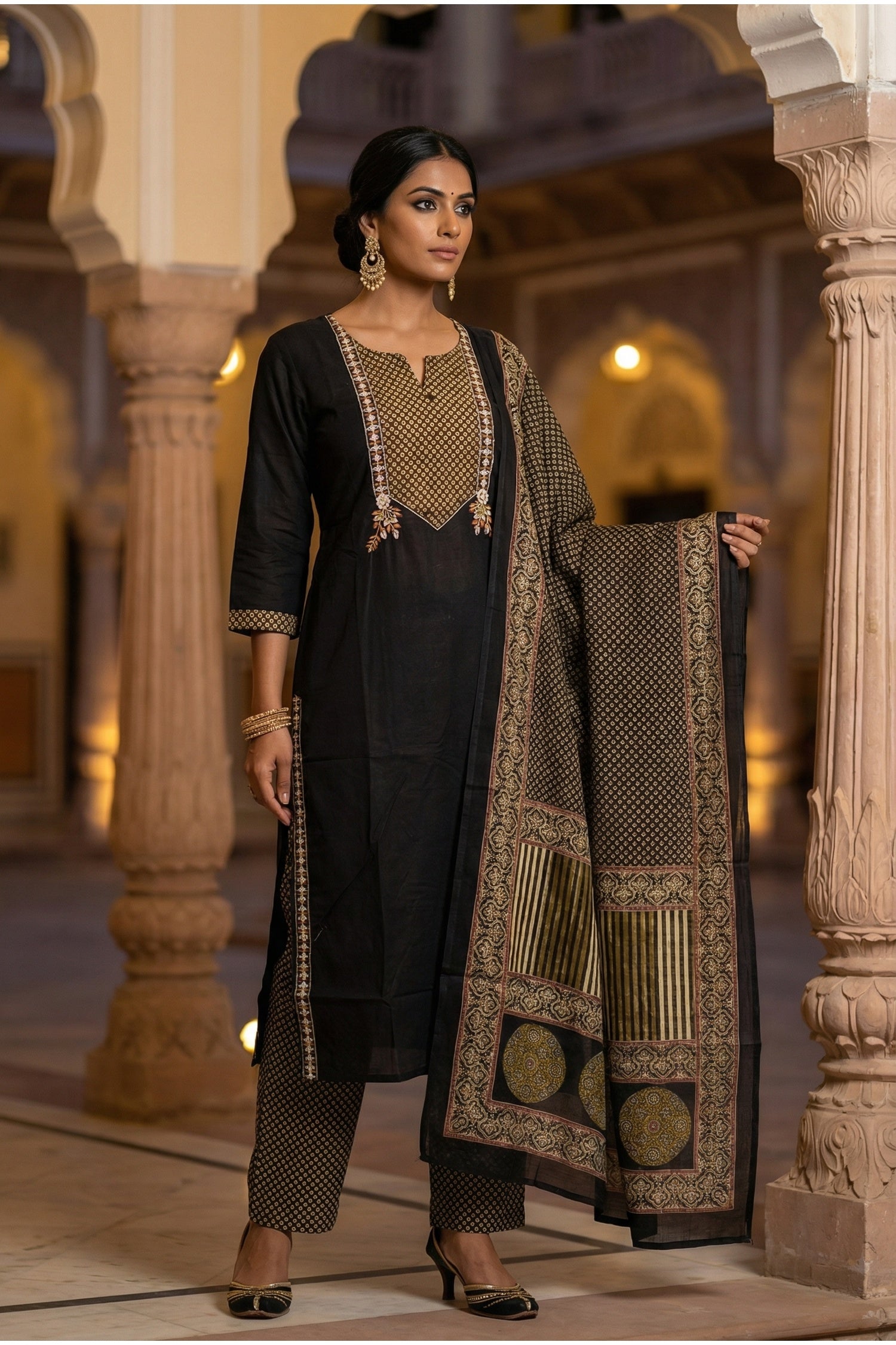 Black Royale Embroidered Straight-Cut Three Piece Suit Set