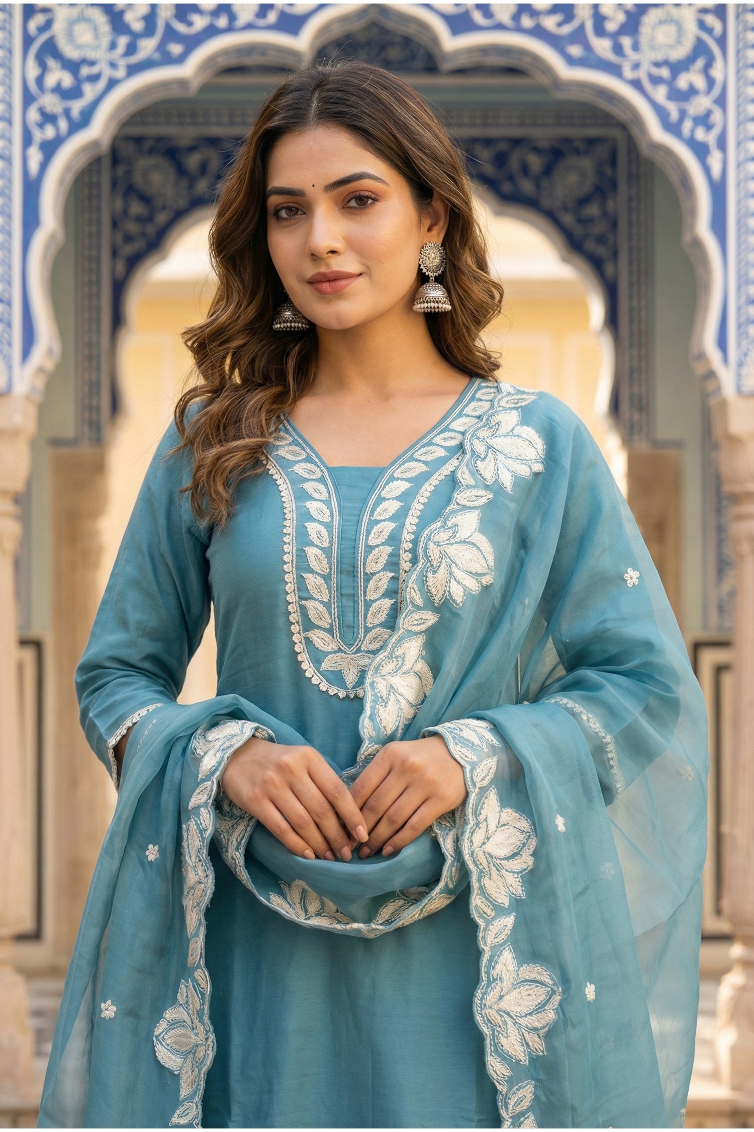 Floral Embroidered Kurta Set with Buti Work & Statement Dupatta Border