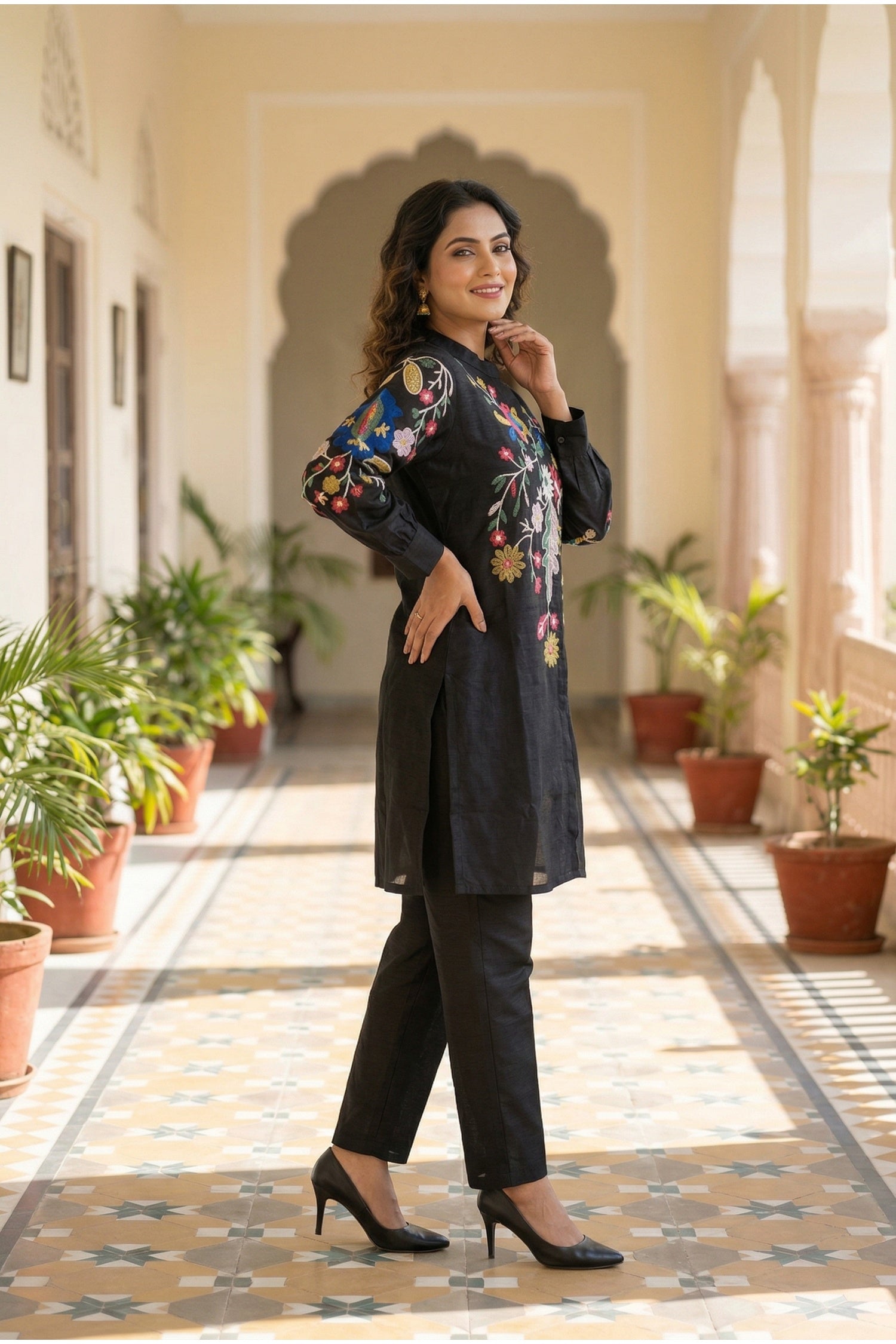 Black Co-ord Set with Multicolor Thread Embroidered Top