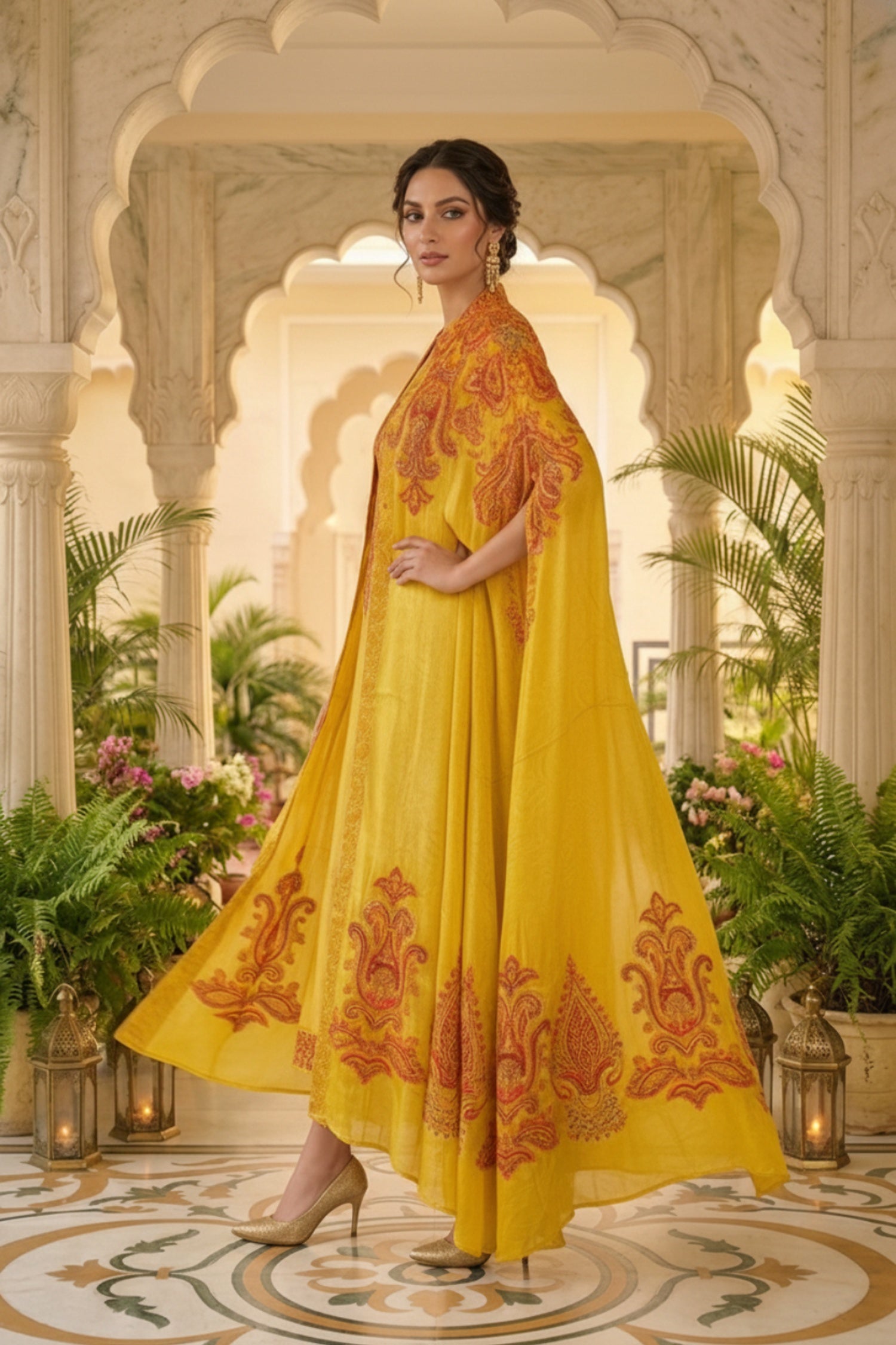 Mustard Chinon Kaftan Set with Embroidered Jacket