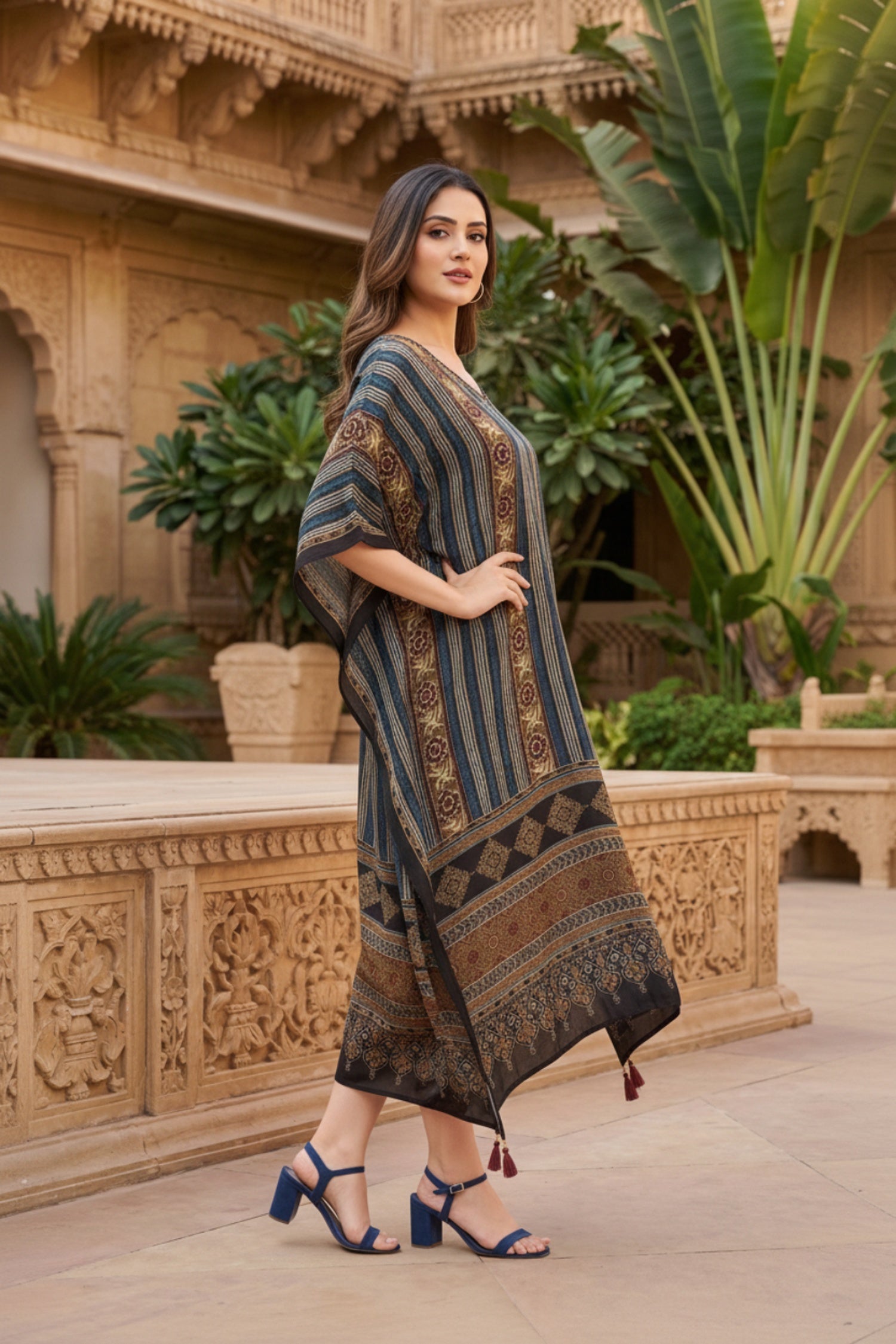 Peacock Printed Viscose Long Kaftan