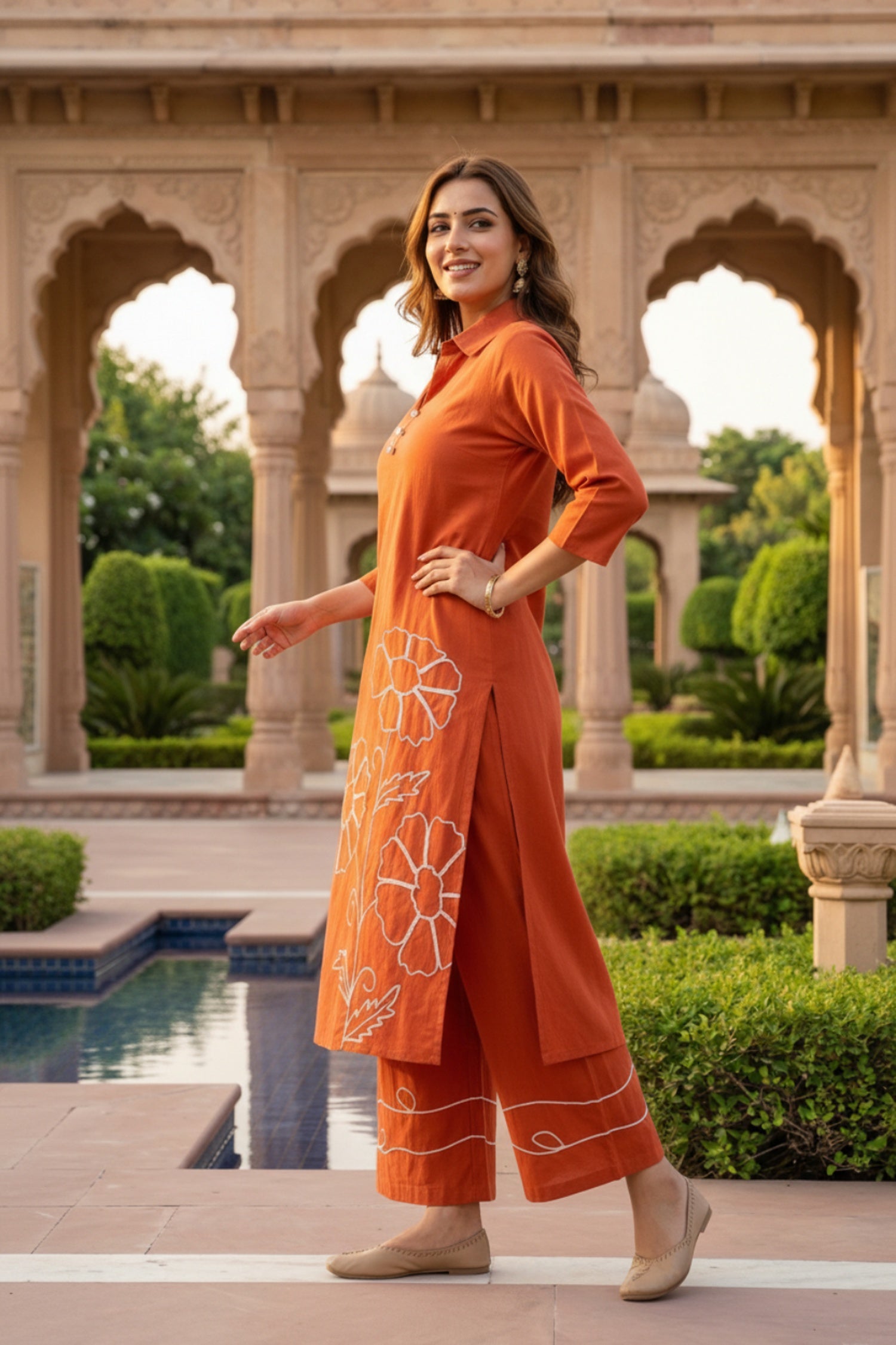 Rust Cotton Co-ord Set with Minimal Floral Thread Work