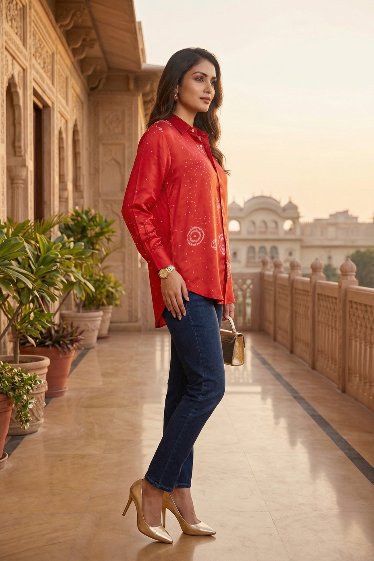 Red Satin Shirt with Bandhani Print