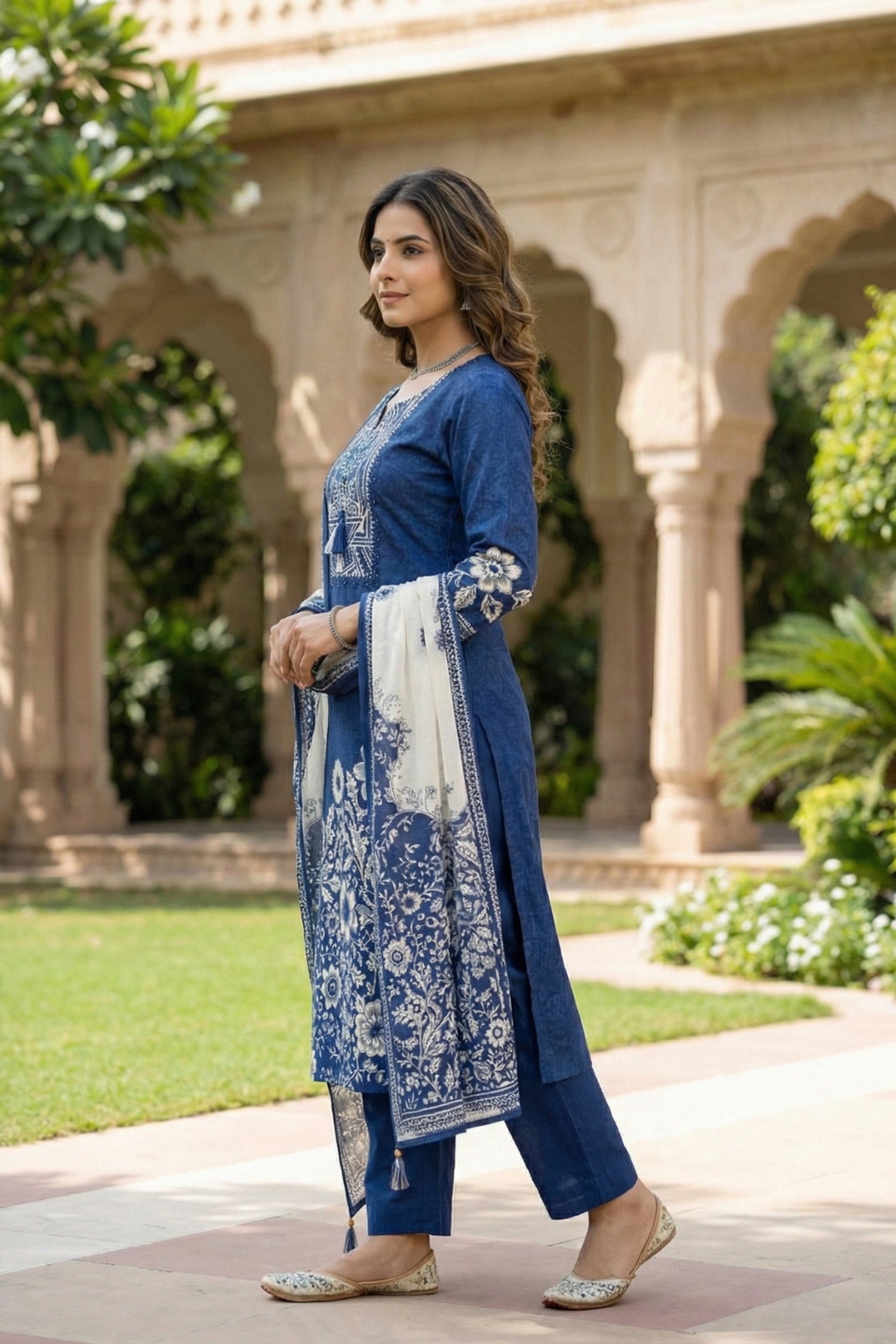 Blue Cotton Three-Piece Set with Digital Print