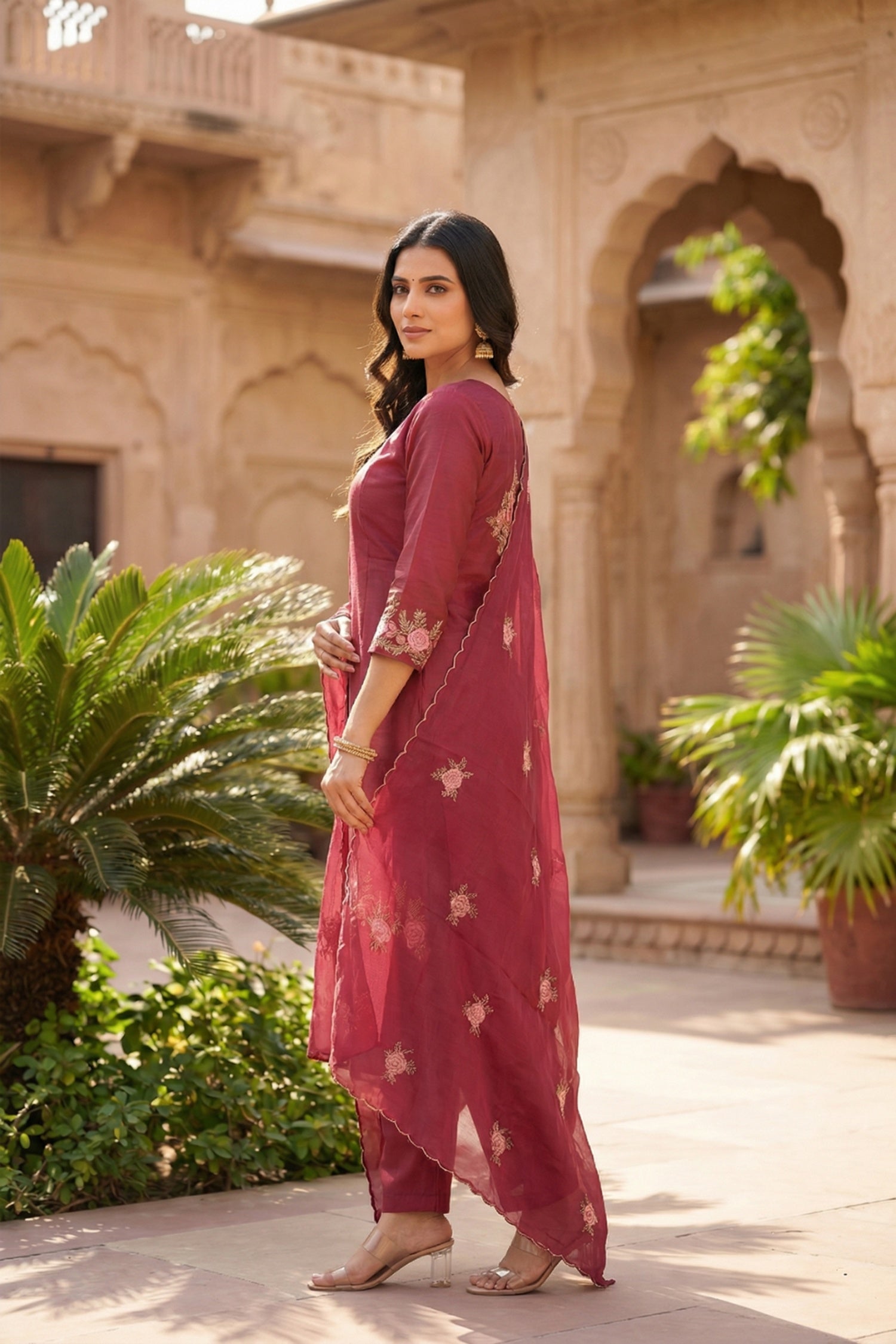Wine Floral Embroidered Cotton Three-Piece Suit Set with Dupatta