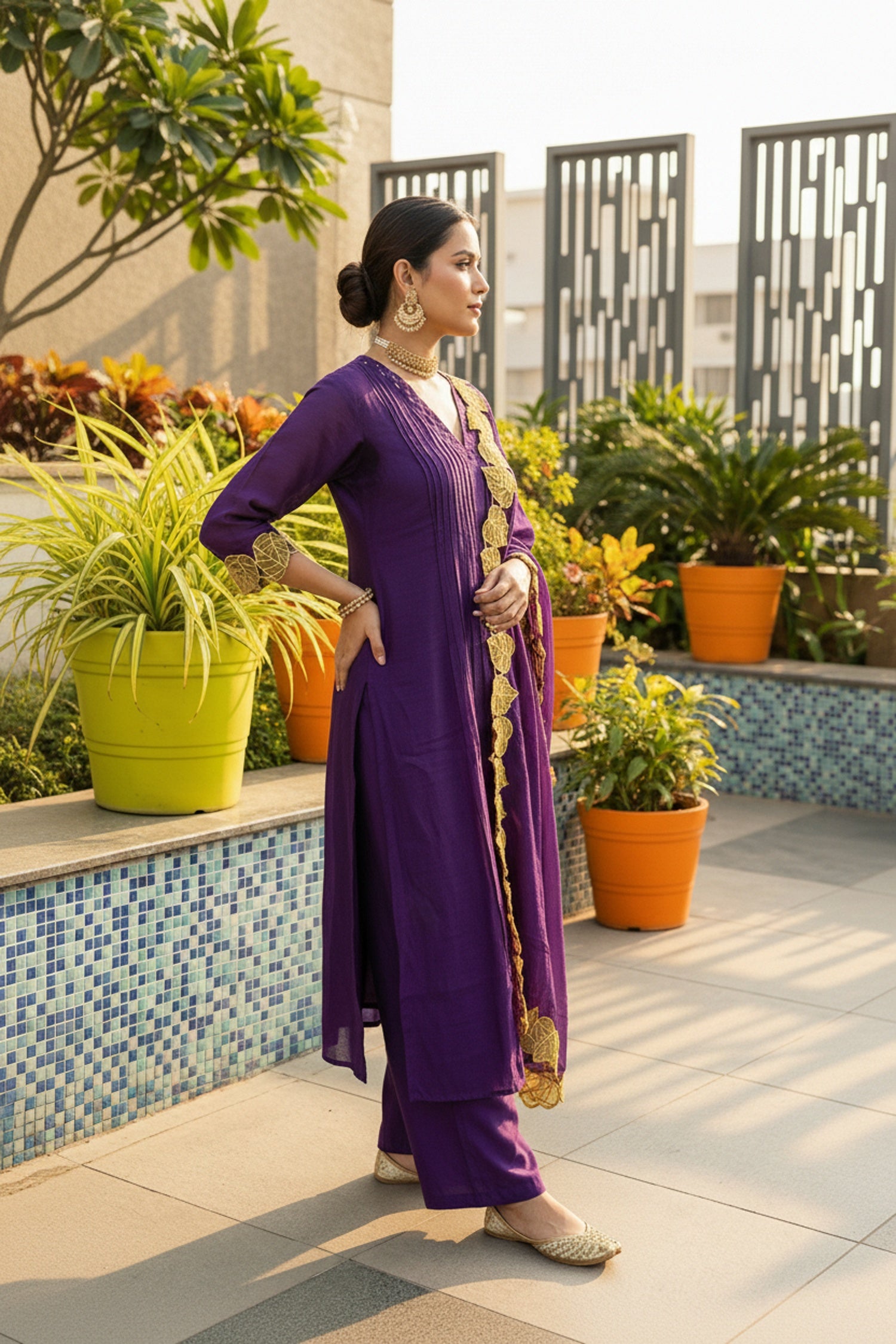 Purple Mul Cotton Three Piece with Embroidered Dupatta